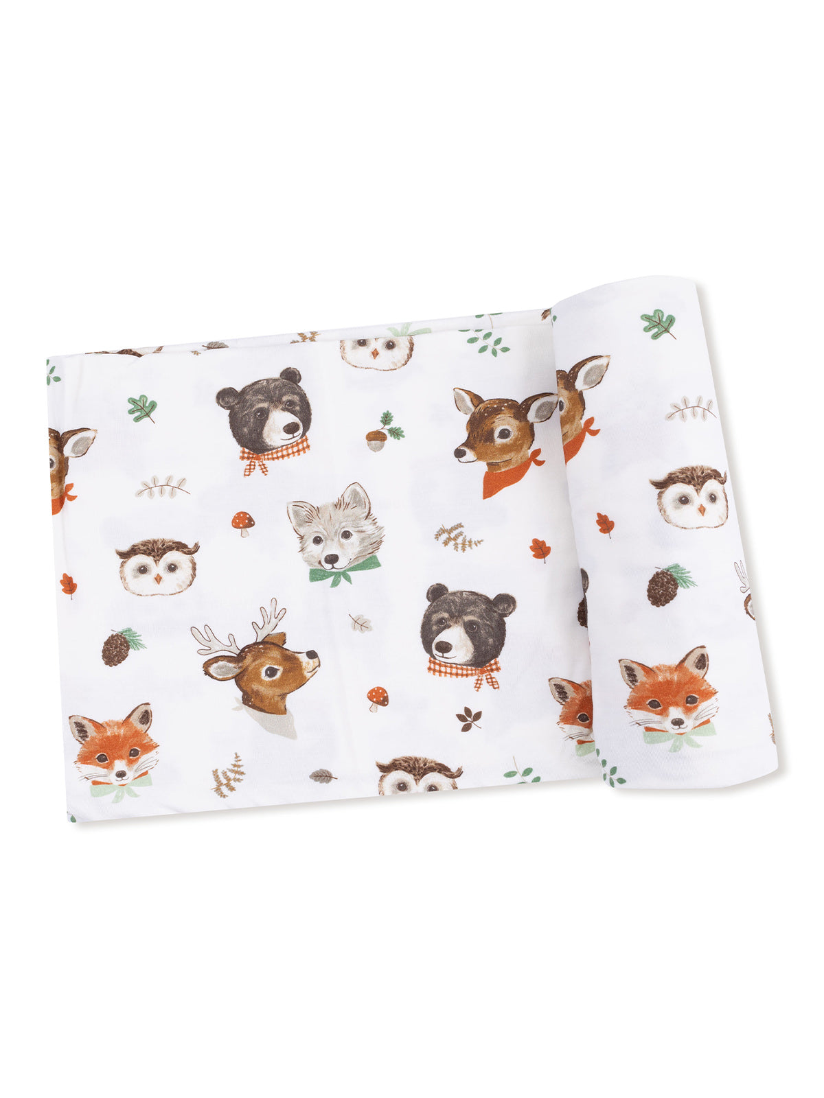 Whimsical fabric featuring illustrated animal faces, including a bear, fox, deer, and owl amidst natural elements.