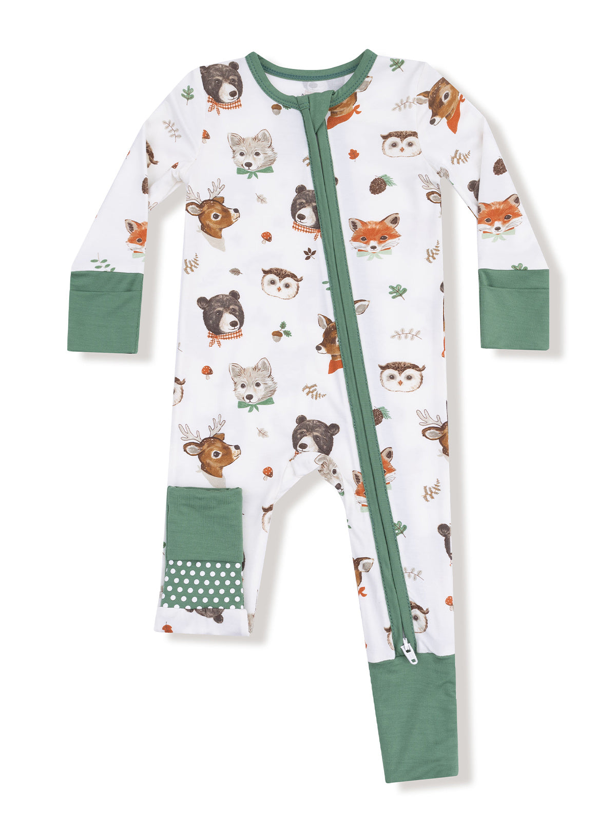 Child's long-sleeve onesie featuring woodland animal patterns and a green zip front closure.