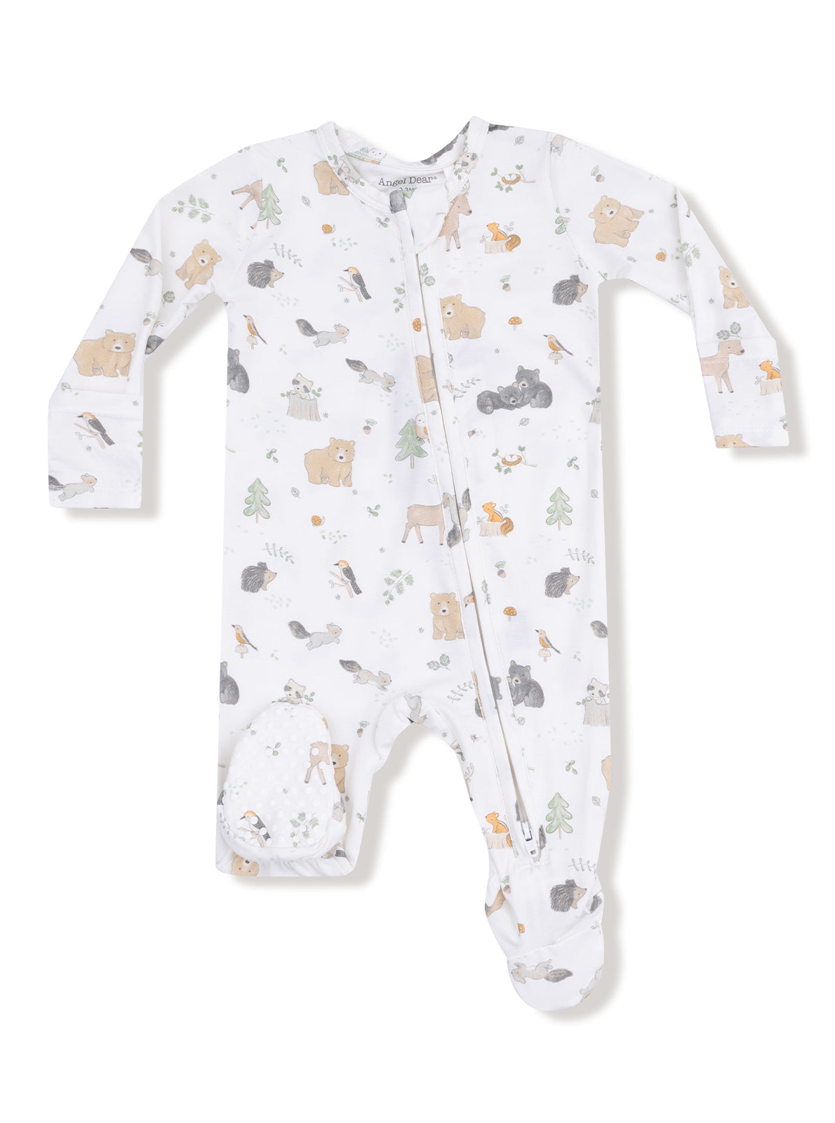 White baby onesie with animal and nature prints in soft colors, featuring a front zipper and footed design.