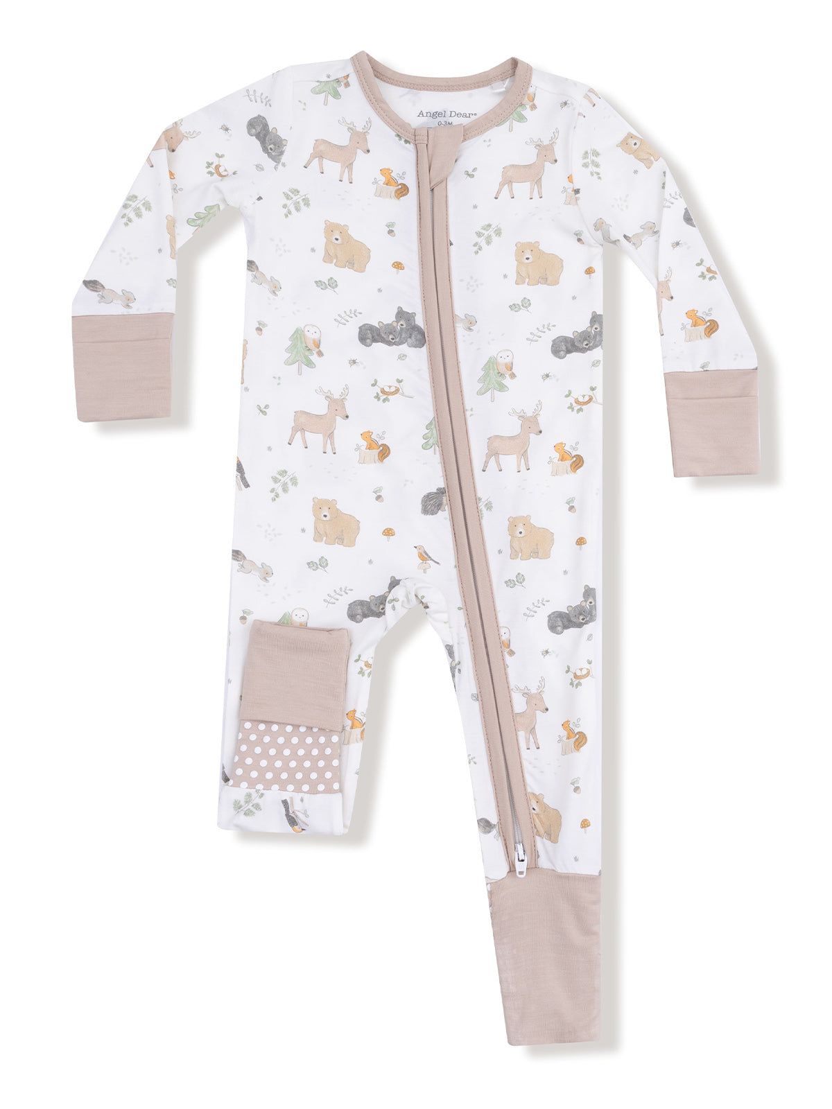 Children's zip-up onesie featuring playful forest animal patterns in soft pastel colors. Comfortable and cozy design.