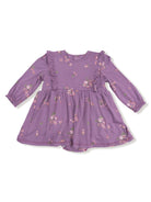 Purple floral dress with long sleeves and ruffled neckline for young children.