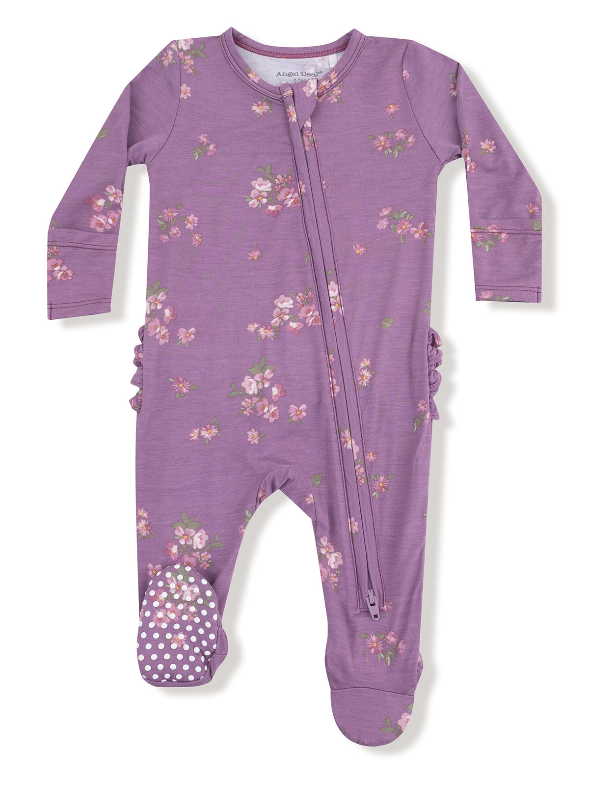 Purple floral onesie with long sleeves, zipper front, and polka dot foot pads for infants.