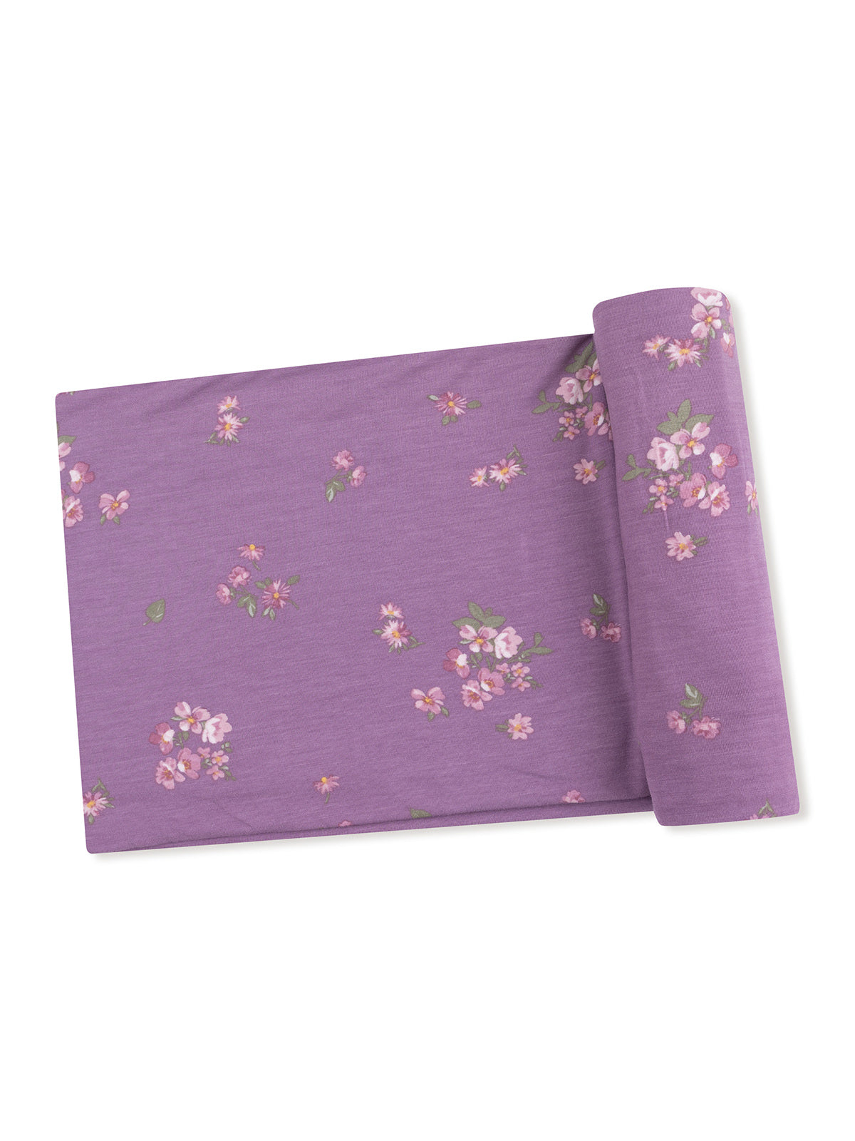 Purple fabric with a floral pattern featuring pink flowers and green leaves, rolled on one edge.