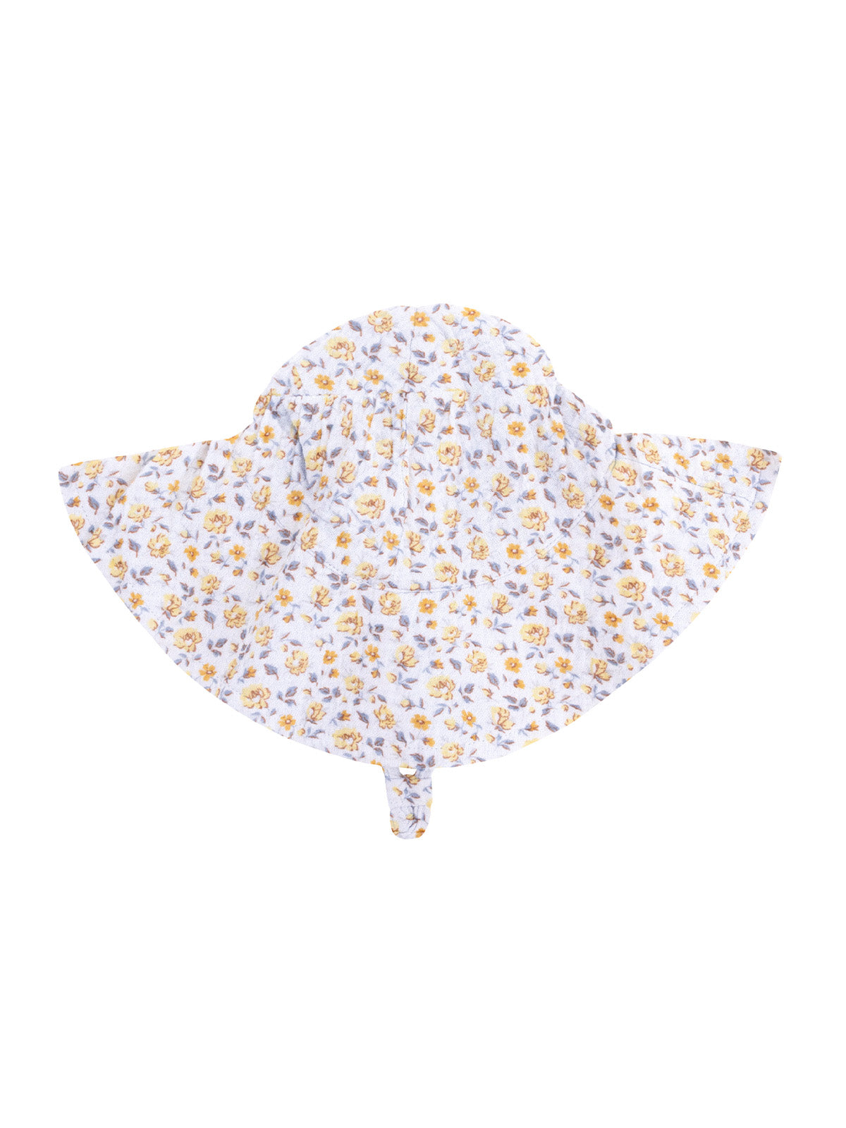 White sun hat with yellow floral pattern, wide brim, and tie at the back for secure fit.