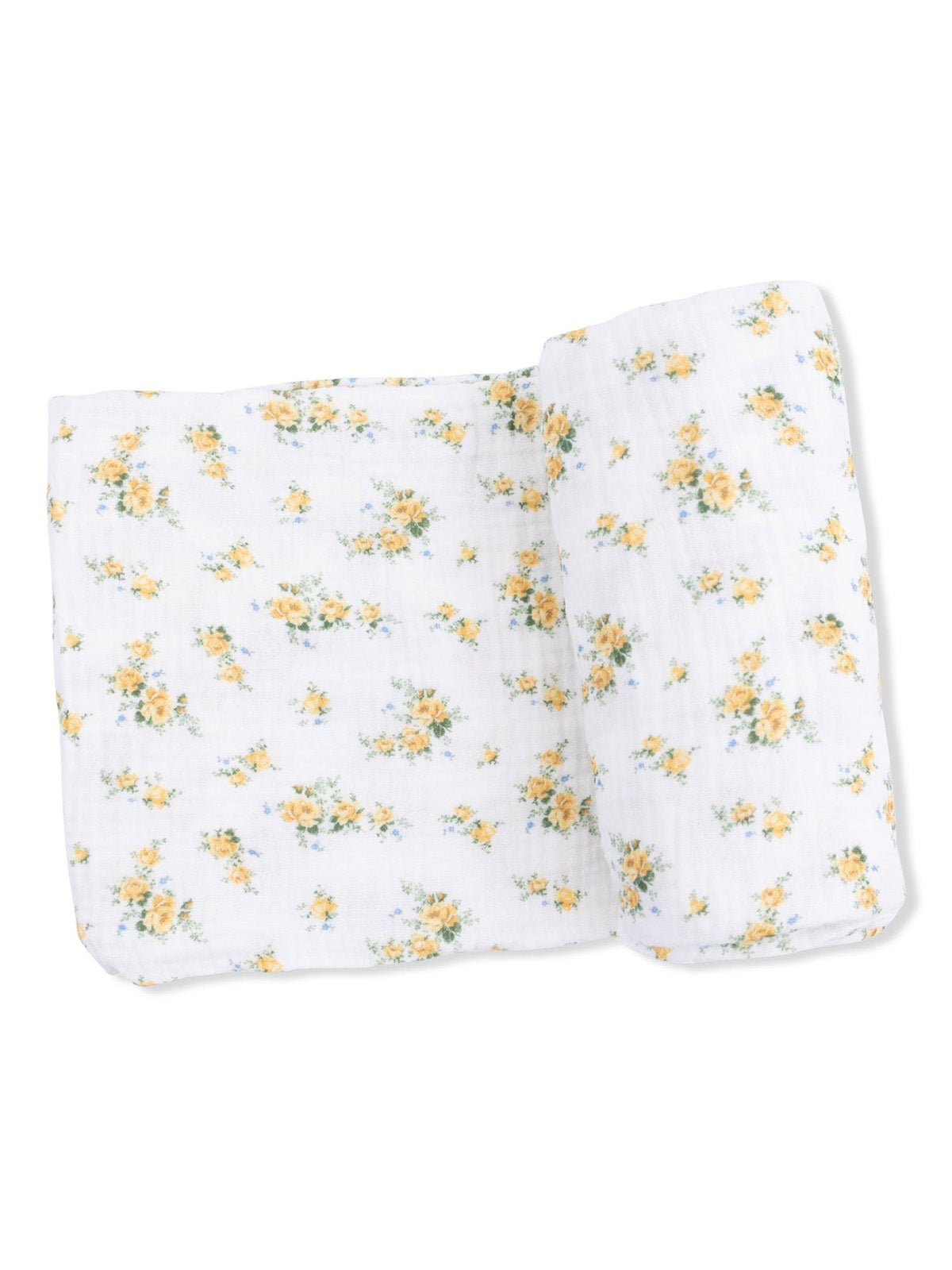 Floral patterned muslin blanket featuring yellow roses and greenery on a white background. Soft and lightweight.