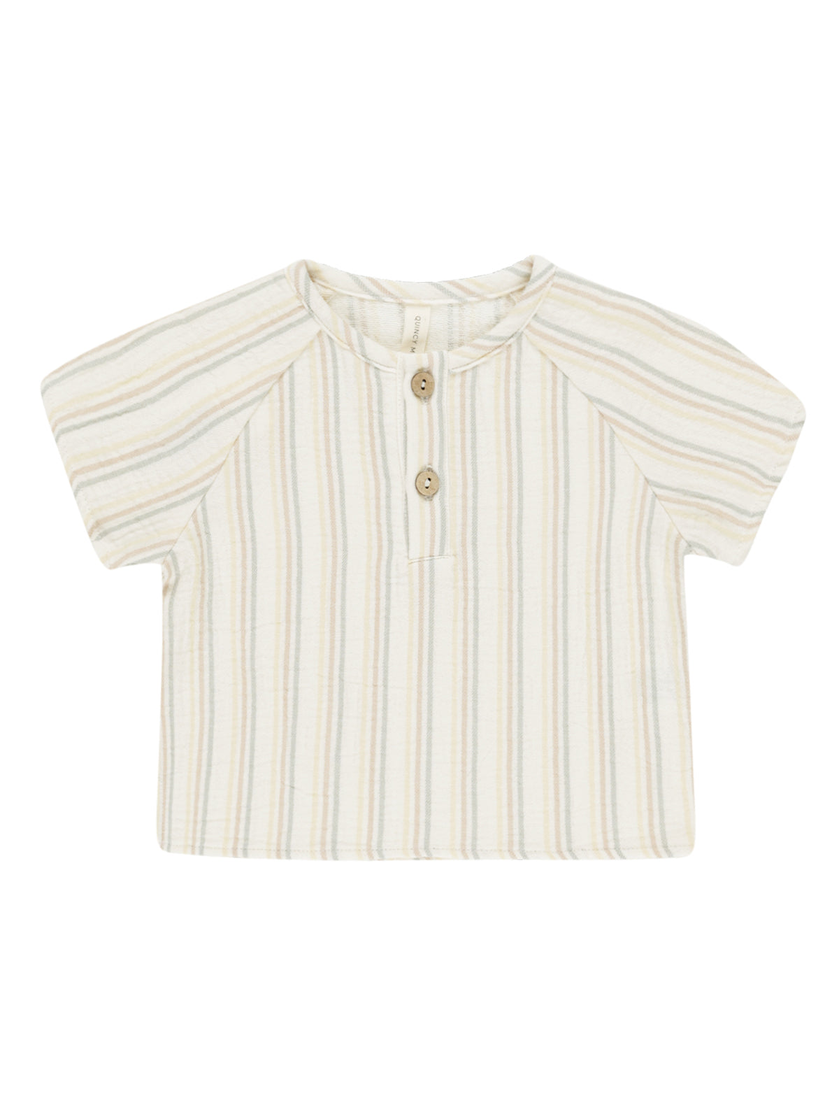 Light-colored striped short-sleeve shirt with front buttons, ideal for casual wear.
