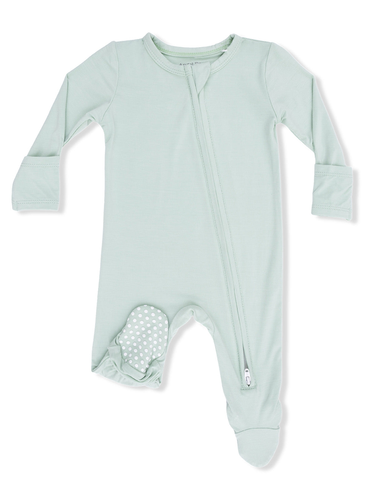 Light green zip-up baby onesie with long sleeves and polka dot foot grips. Ideal for sleep and play.
