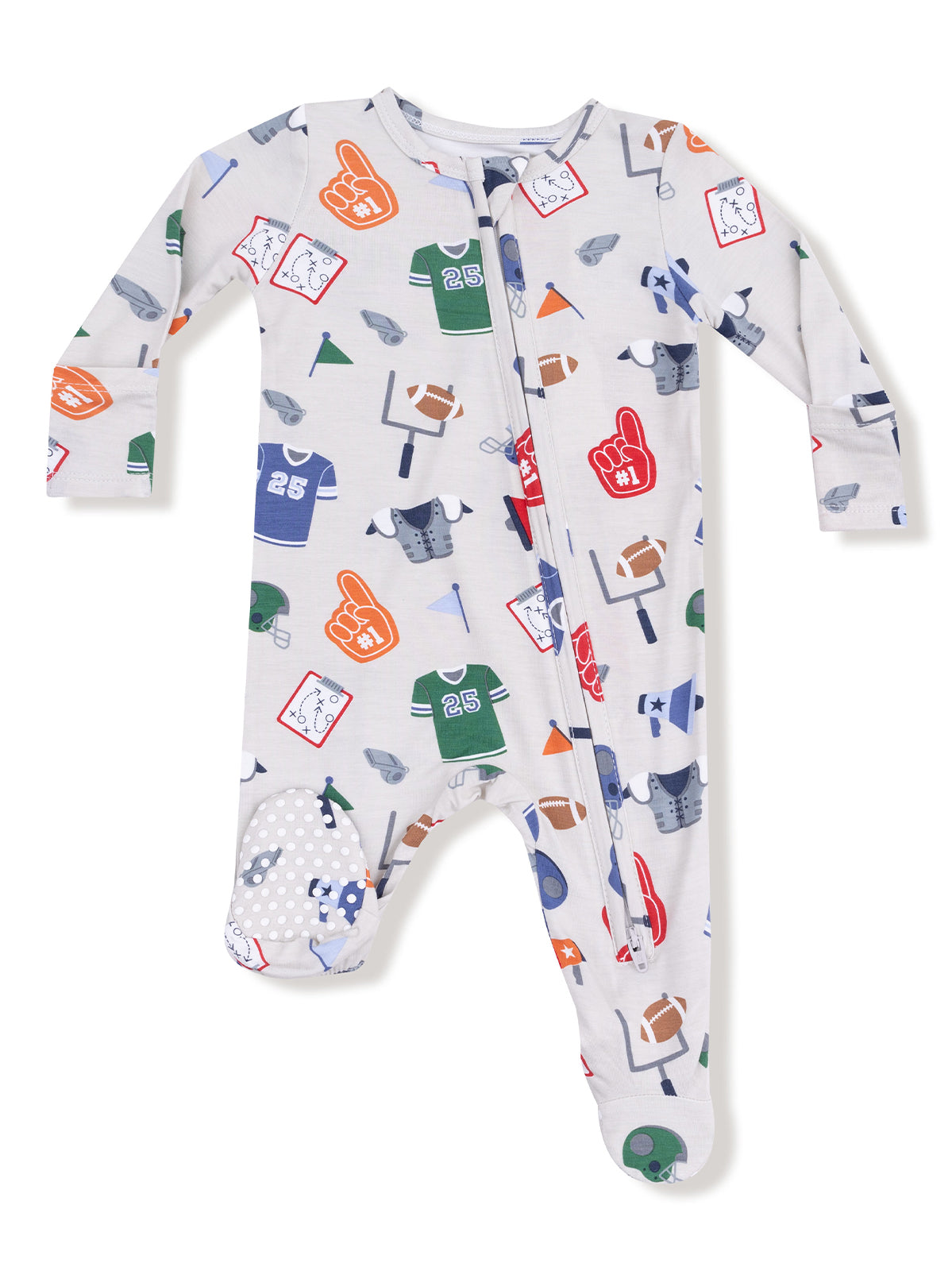 Gray infant onesie with sports-themed patterns, including jerseys, helmets, and foam fingers. Zipper front.