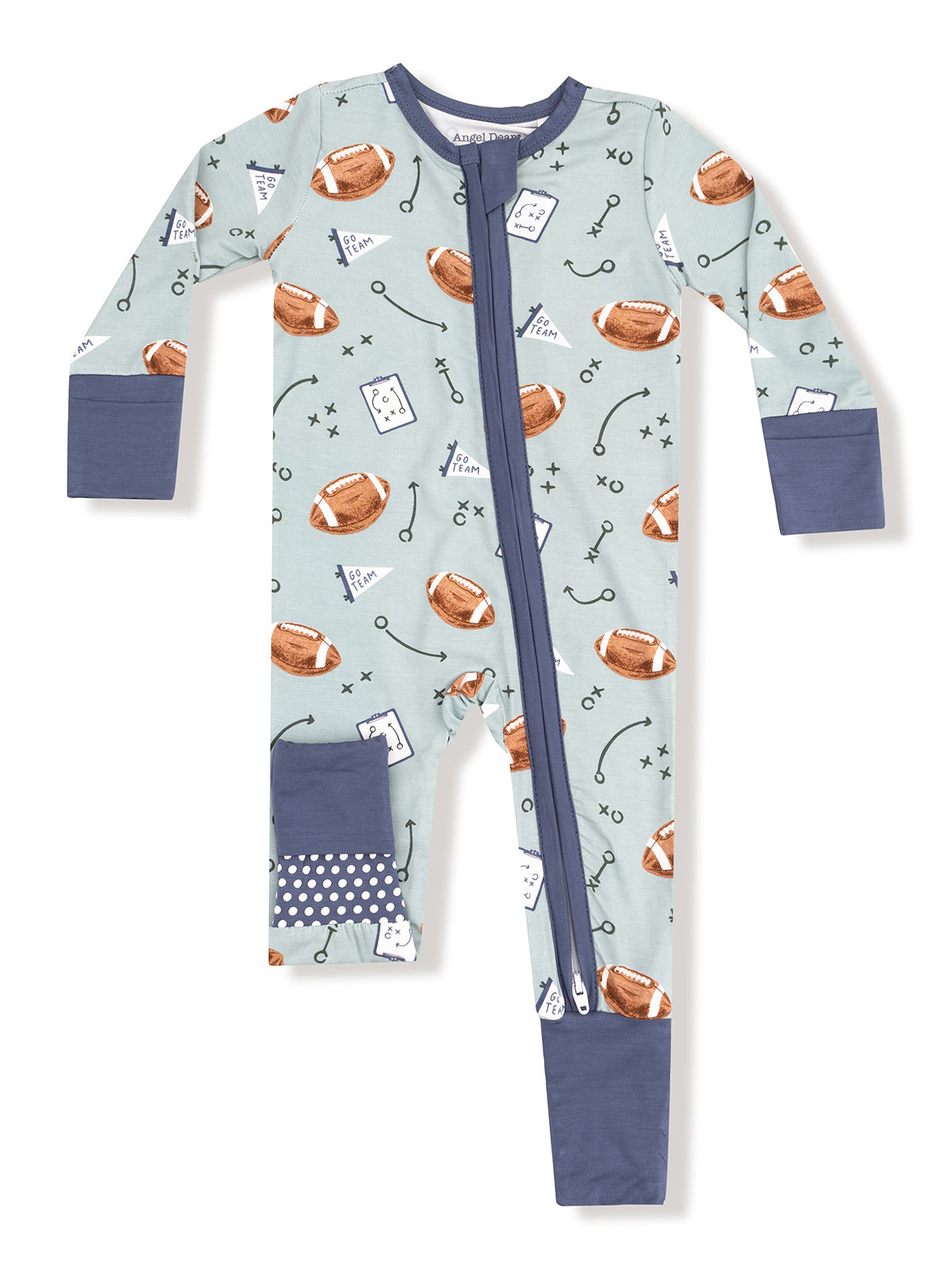 Children's football-themed onesie featuring brown footballs, plays, and a blue zipper. Soft fabric for comfort.