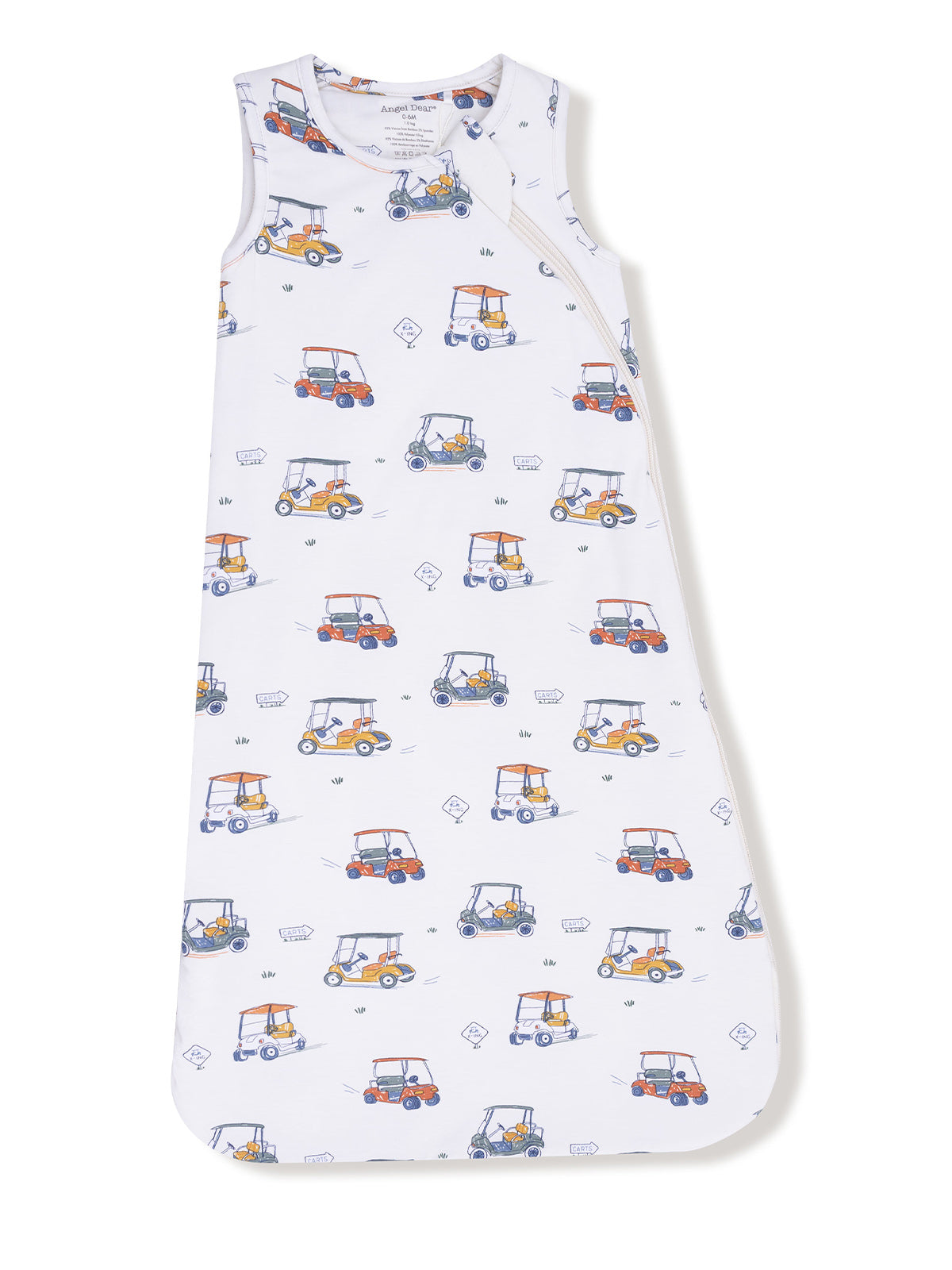 White sleeping bag with colorful golf cart patterns, ideal for infants and toddlers.