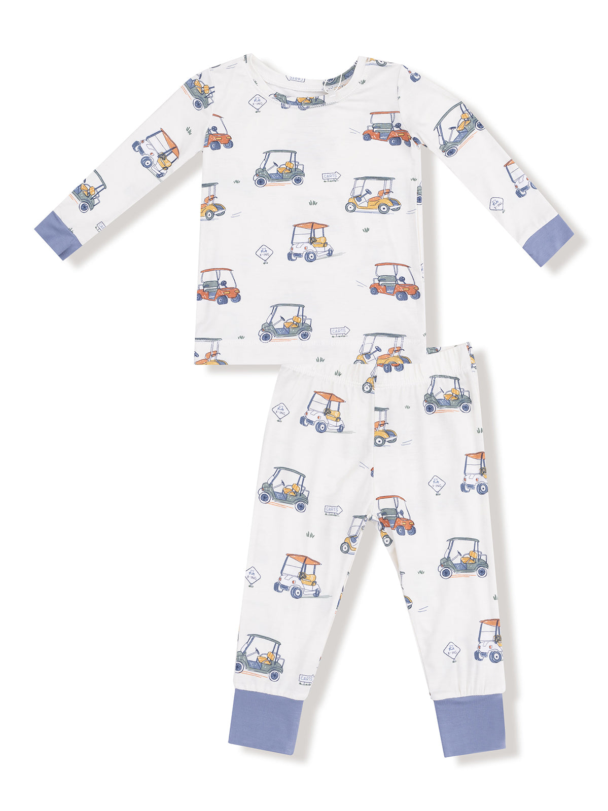 Kids' pajama set featuring a playful golf cart print with long sleeves and cuffs. Perfect for comfy sleepwear.