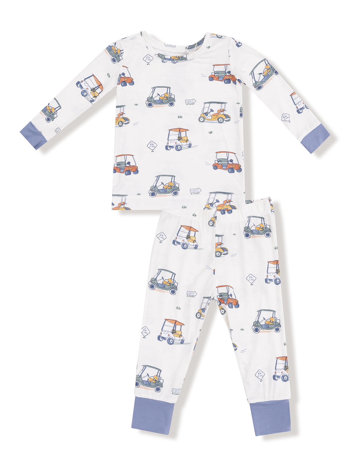Kids' pajama set featuring a playful golf cart print with long sleeves and cuffs. Perfect for comfy sleepwear.