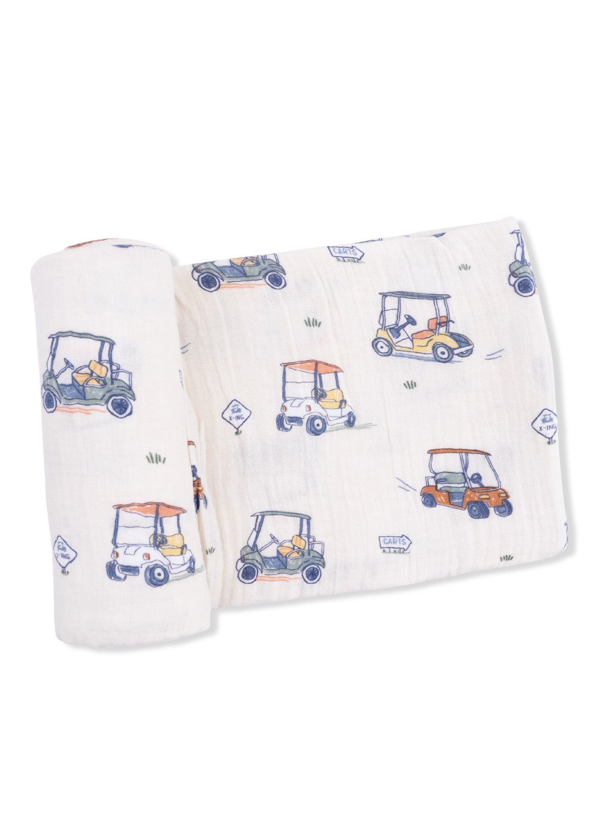 Patterned fabric featuring colorful golf carts on a light background, rolled up for display.