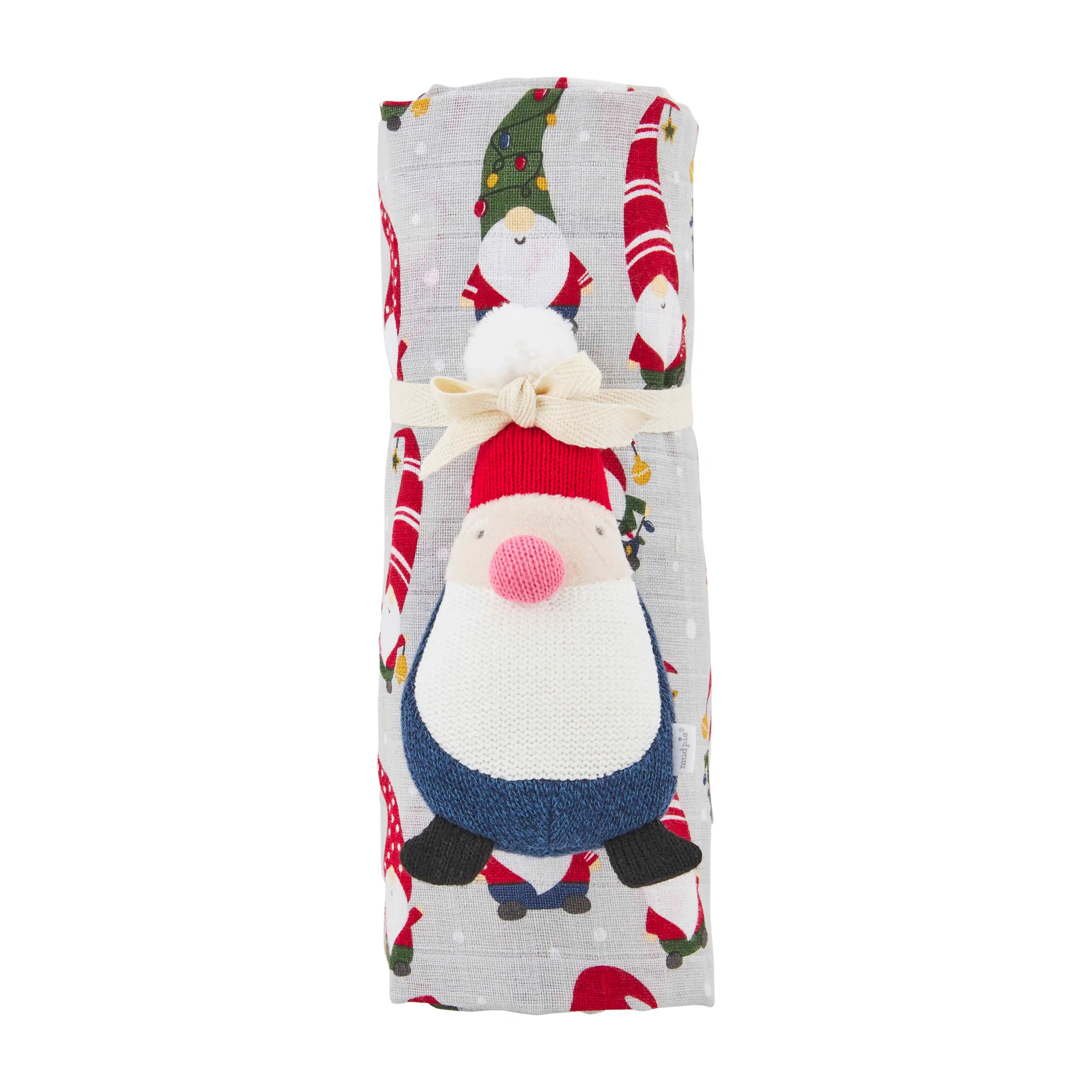 Gnome-themed decorative towel with a festive design and tied ribbon detail. Ideal for holiday decor.