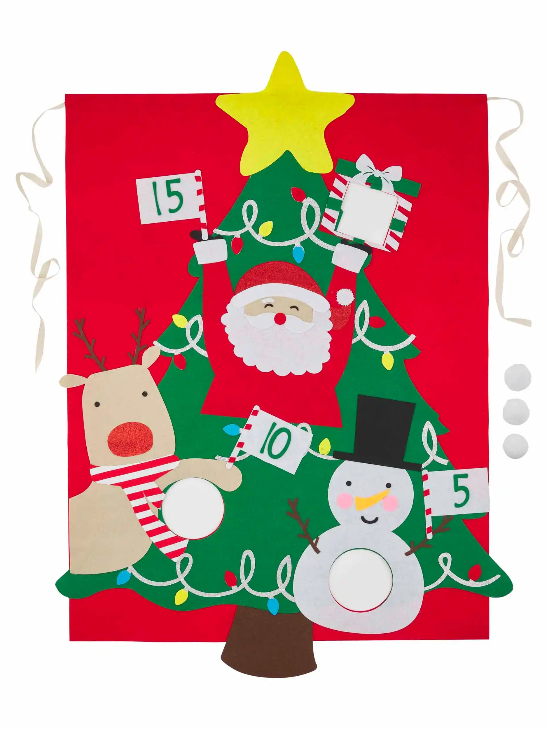 Colorful Christmas tree decoration featuring Santa, a snowman, and a reindeer holding numbered signs.
