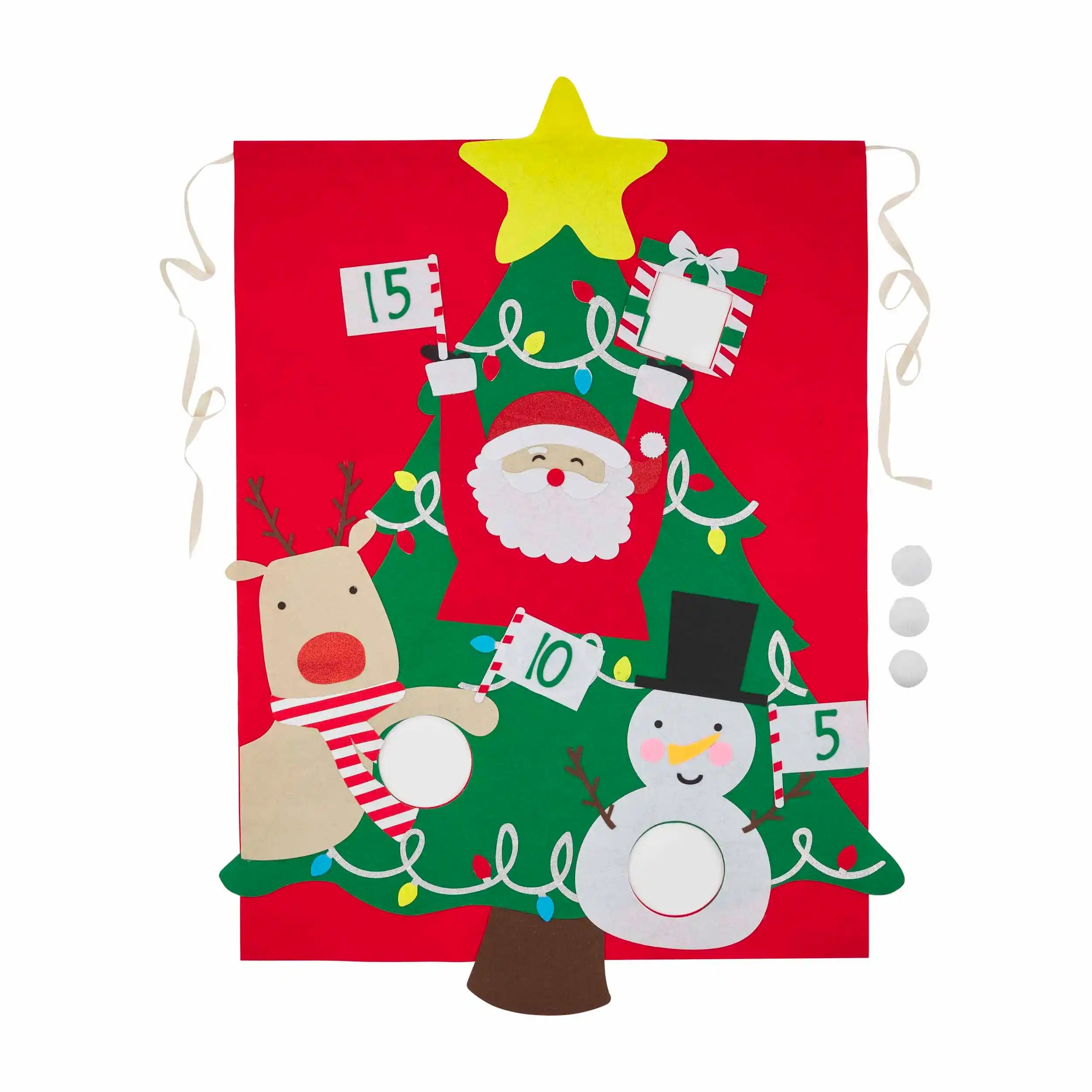 Colorful Christmas tree decoration featuring Santa, a snowman, and a reindeer holding numbered signs.