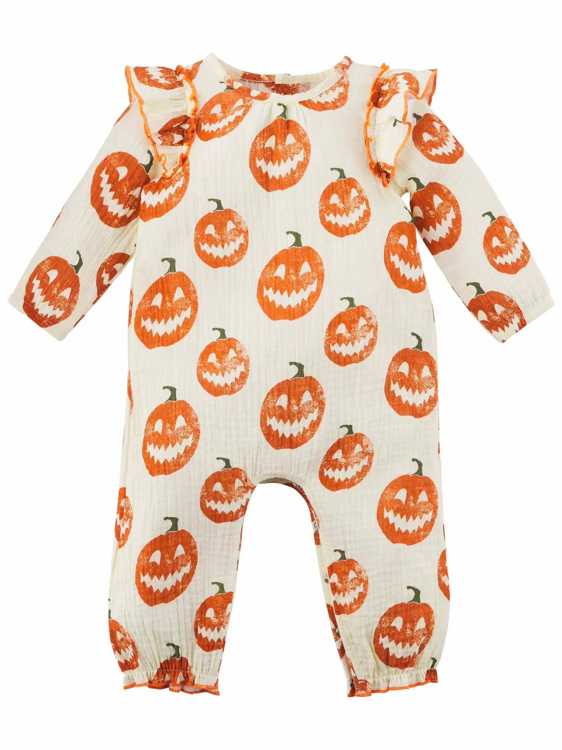 Pumpkin-patterned baby onesie with ruffled sleeves in orange and cream colors. Perfect for Halloween festivities.