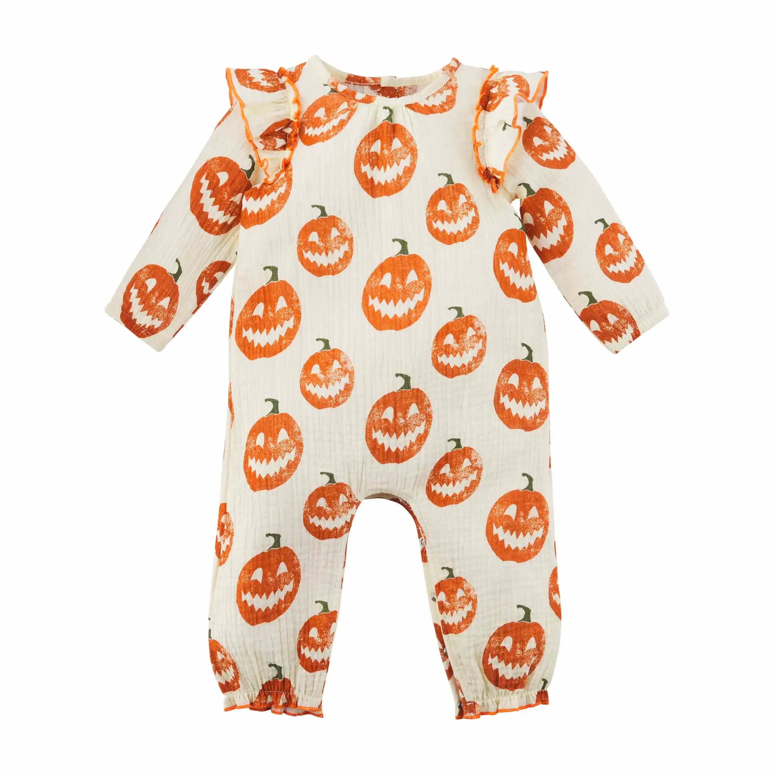 Pumpkin-patterned baby onesie with ruffled sleeves in orange and cream colors. Perfect for Halloween festivities.