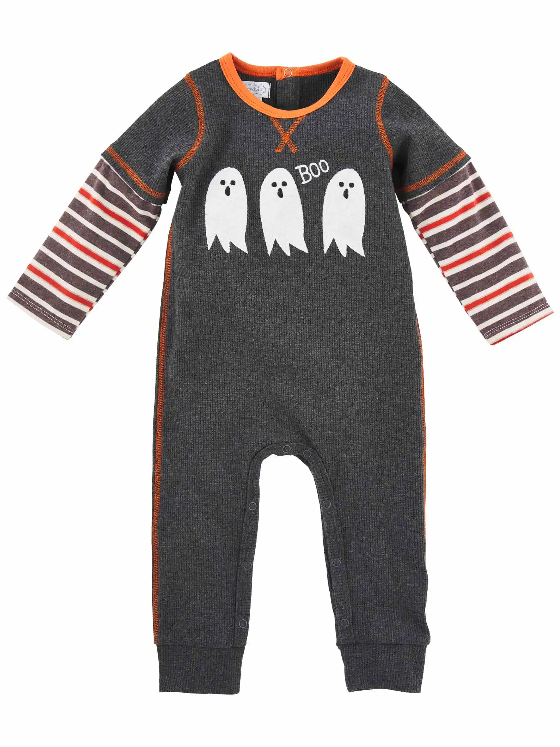Gray long-sleeve onesie with striped sleeves and ghost graphics that read "Boo." Ideal for Halloween.