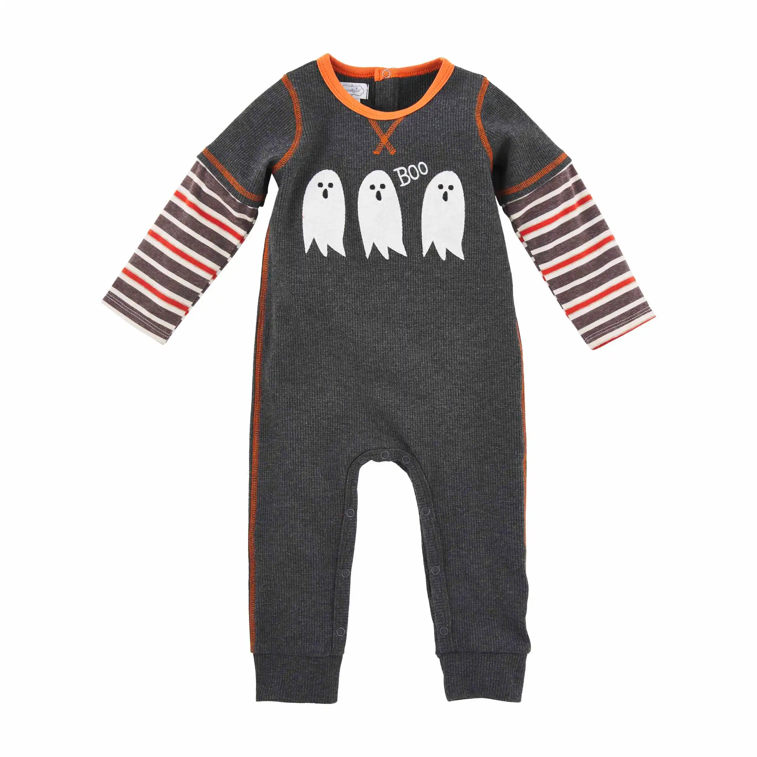 Gray long-sleeve onesie with striped sleeves and ghost graphics that read "Boo." Ideal for Halloween.