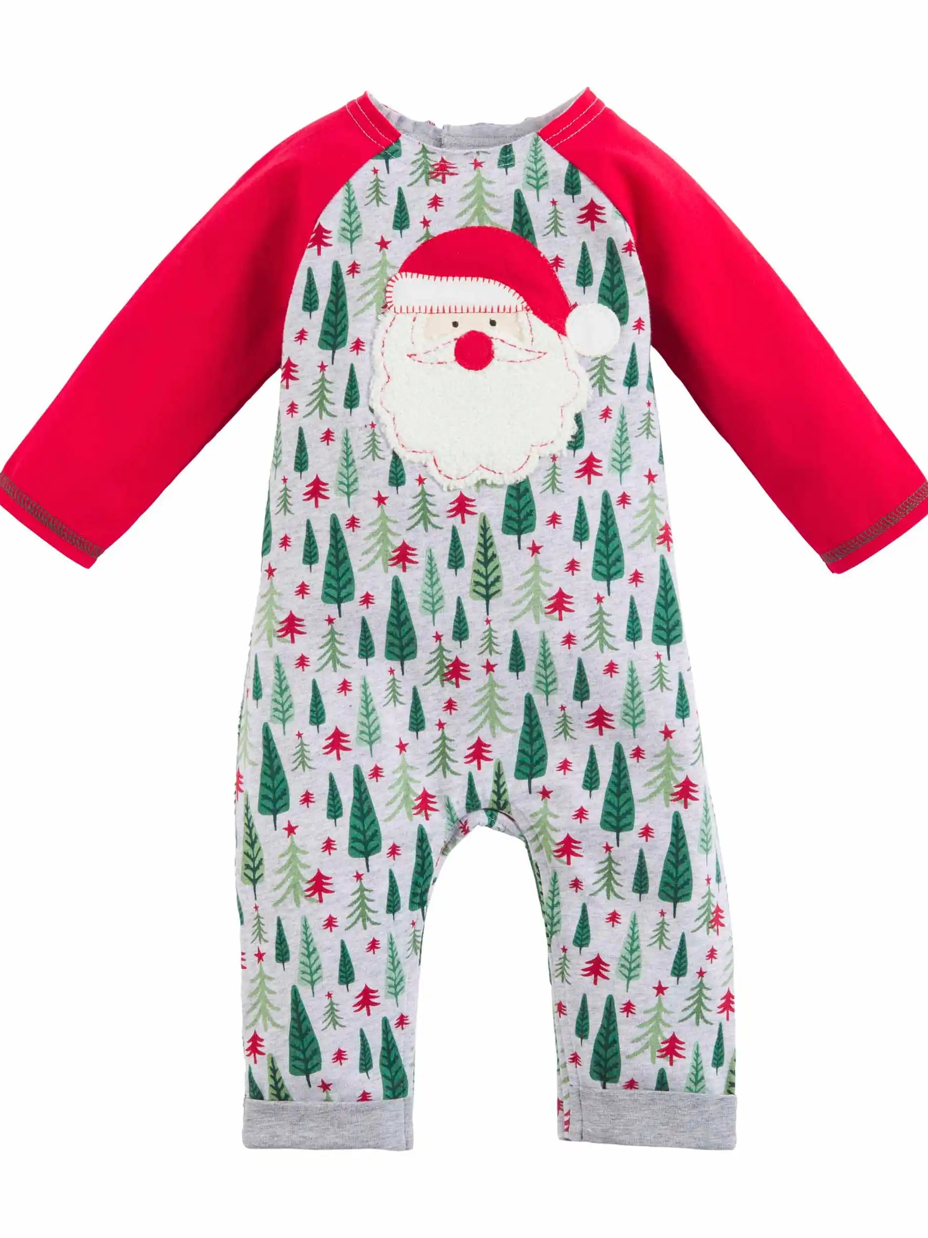 Red and gray holiday romper featuring a Santa face and a festive tree pattern. Ideal for festive occasions.