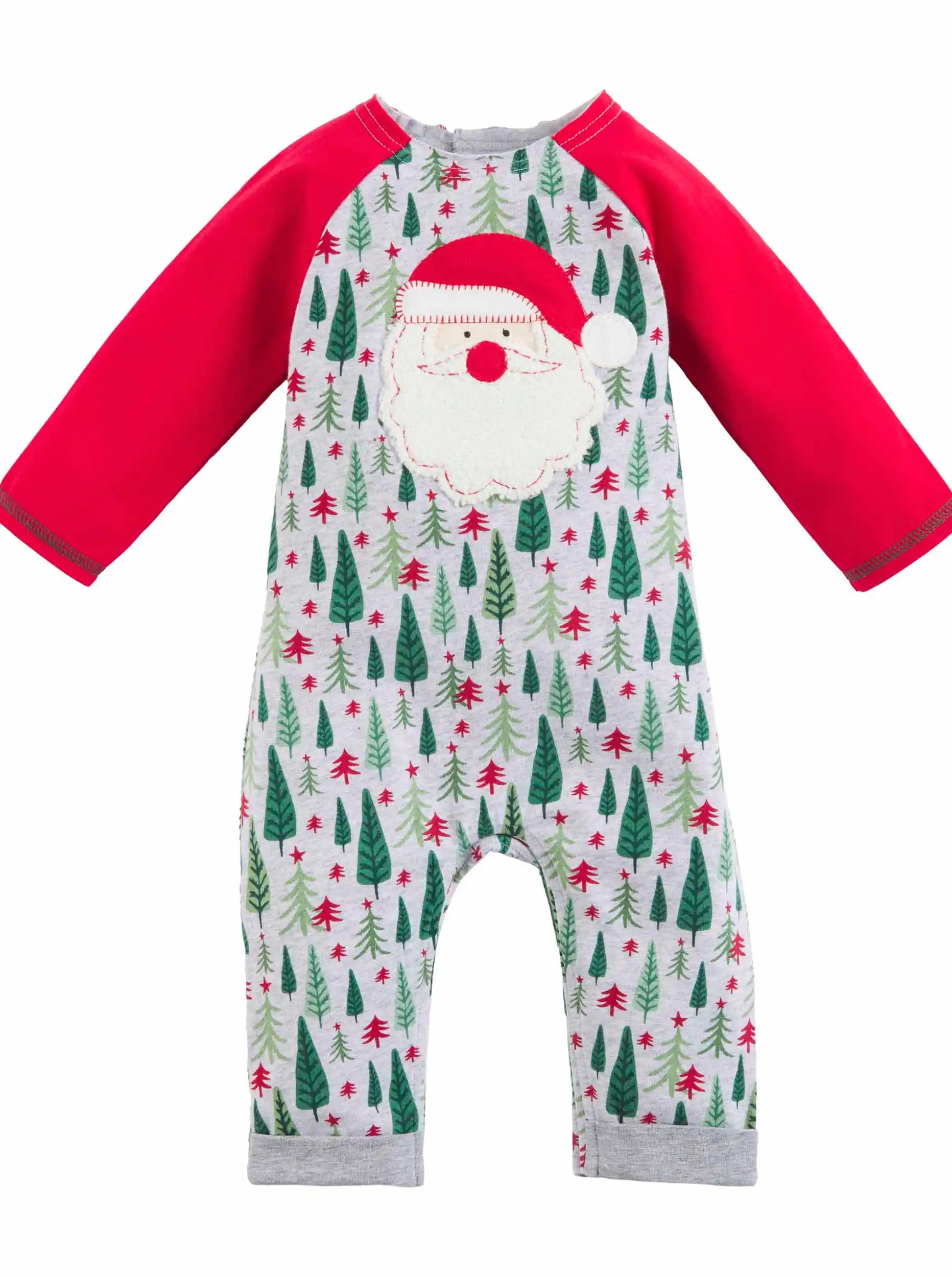 Red and gray holiday romper featuring a Santa face and a festive tree pattern. Ideal for festive occasions.