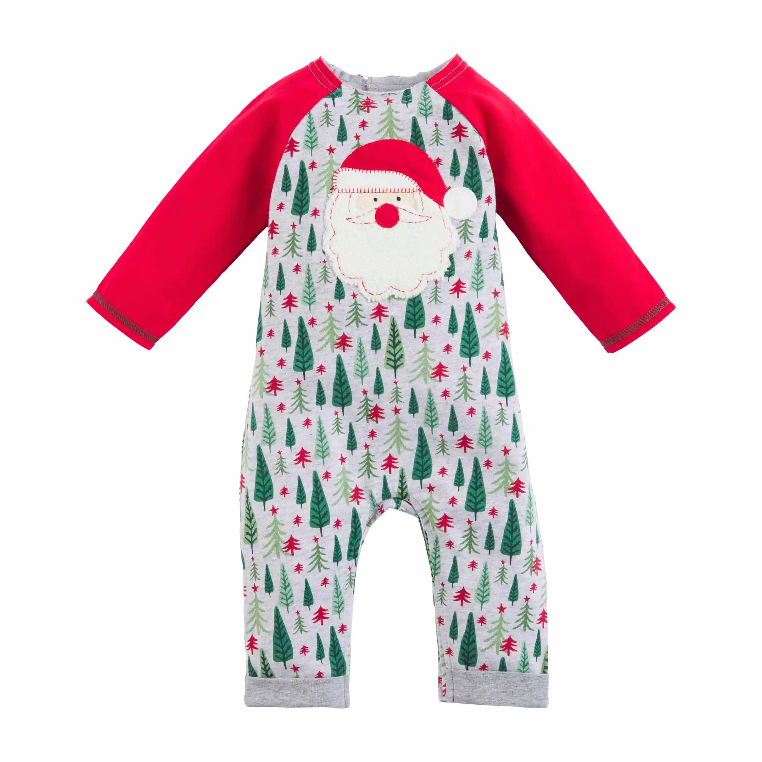 Red and gray holiday romper featuring a Santa face and a festive tree pattern. Ideal for festive occasions.