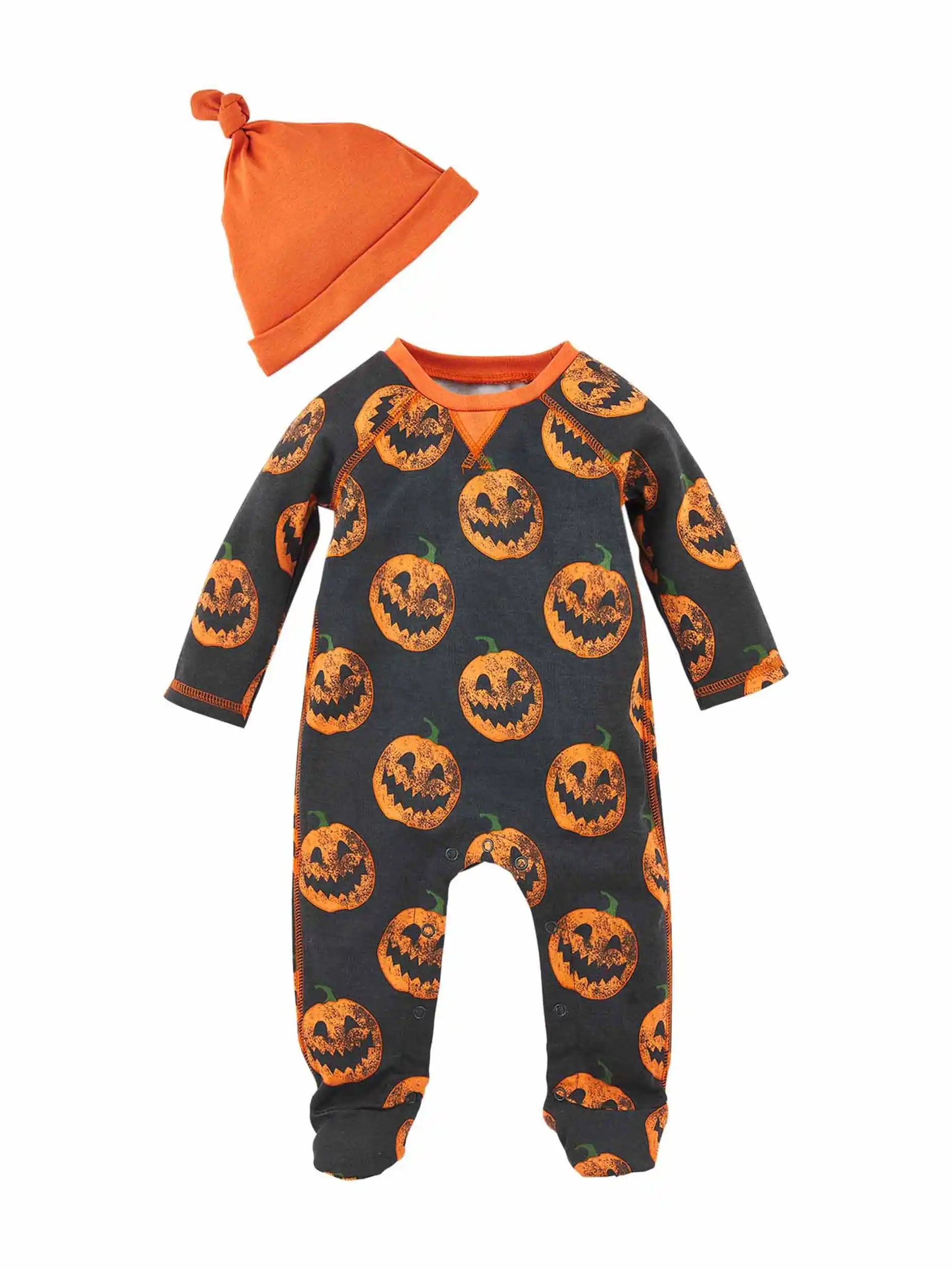 Baby Halloween pajamas with orange pumpkin print and matching hat. Ideal for festive occasions.