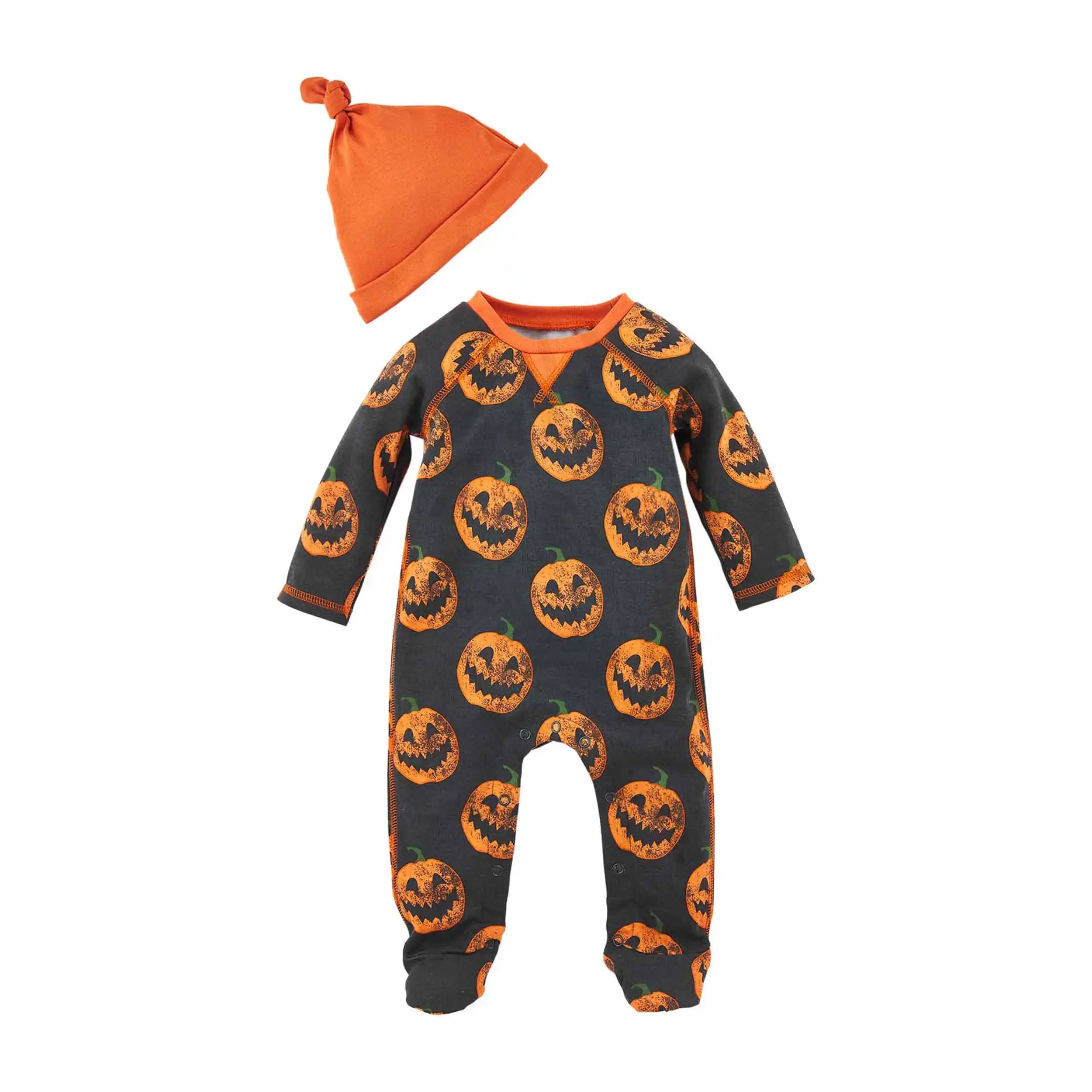 Baby Halloween pajamas with orange pumpkin print and matching hat. Ideal for festive occasions.