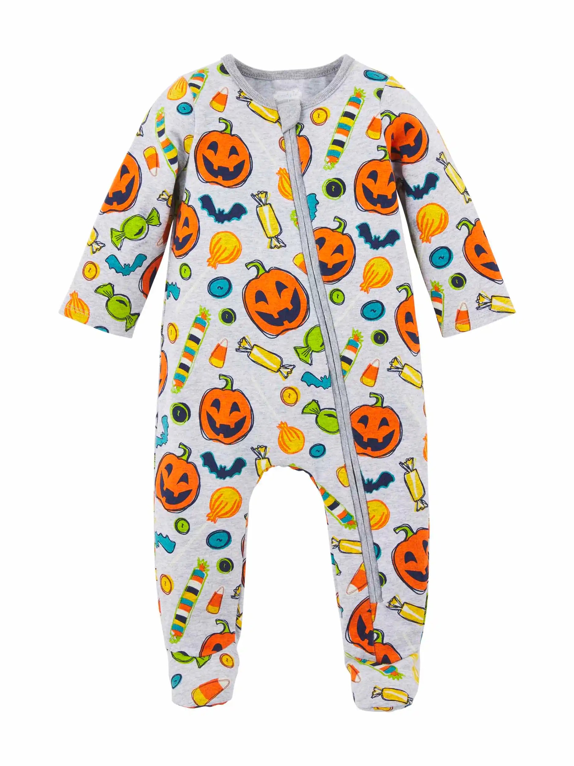 Halloween-themed baby onesie with pumpkins, bats, and candies on a gray background. Full zip closure and long sleeves.