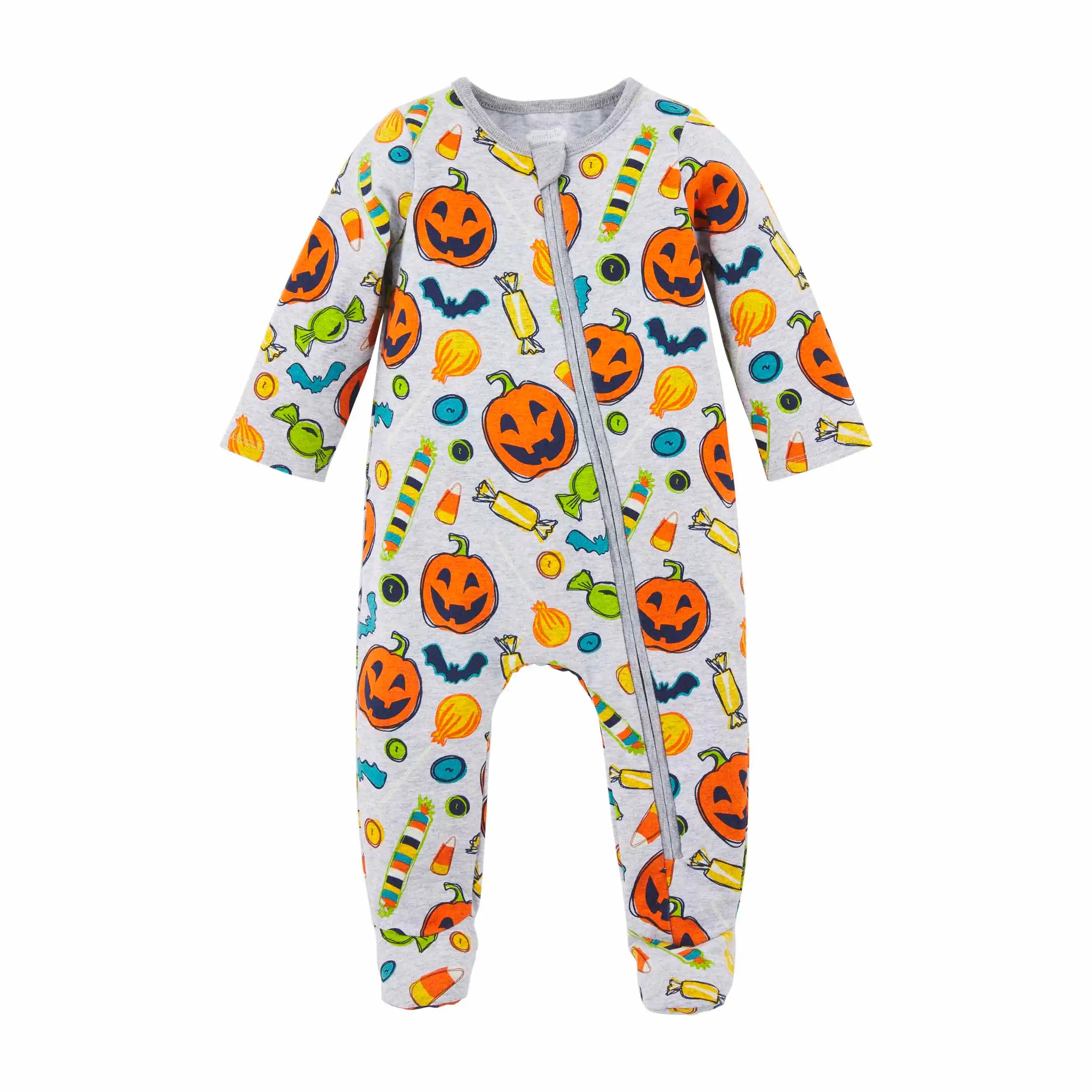 Halloween-themed baby onesie with pumpkins, bats, and candies on a gray background. Full zip closure and long sleeves.