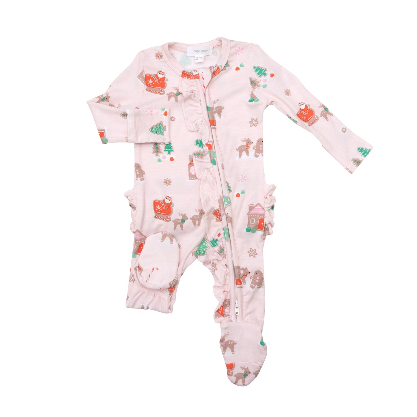 Ruffle Zip Footie, Pink Gingerbread Sleigh
