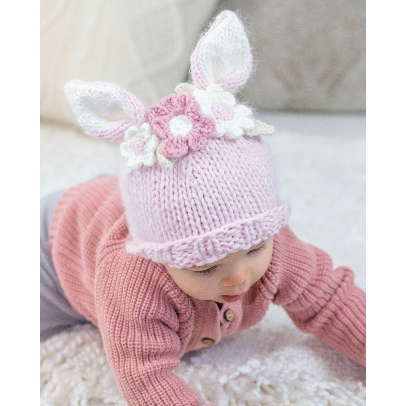 Knit Bunny Hat, Blush Pink Flowers