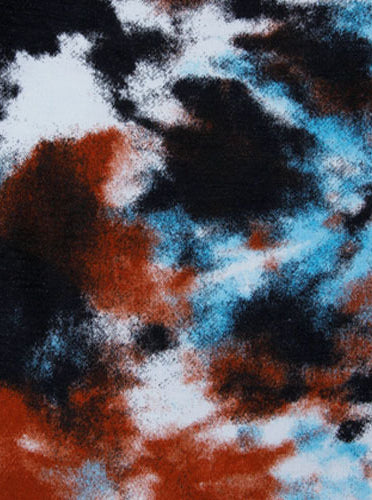 Abstract fabric pattern with black, brown, and aqua colors creating a tie-dye effect.