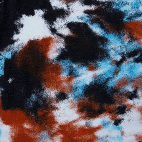 Abstract fabric pattern with black, brown, and aqua colors creating a tie-dye effect.