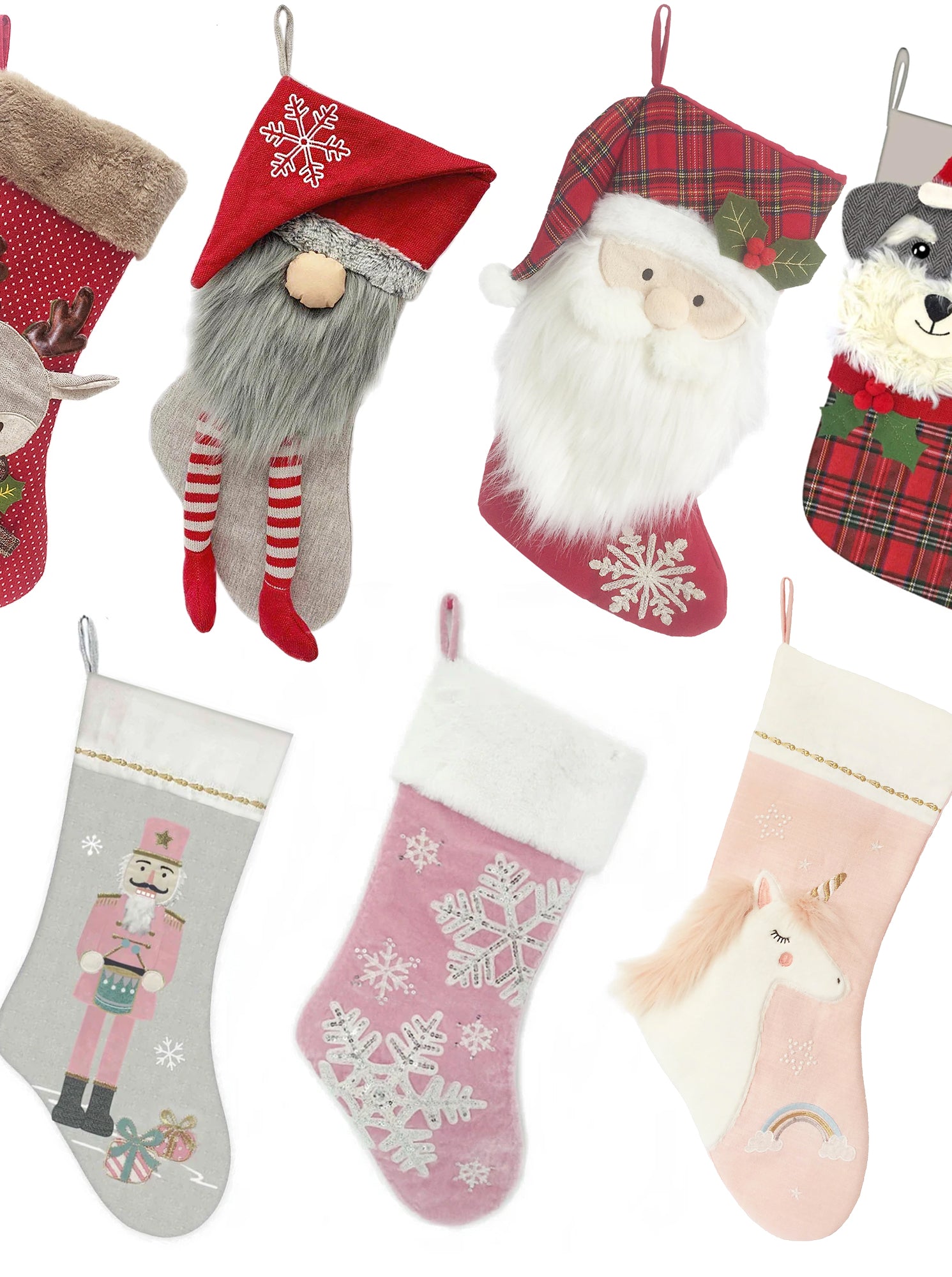 Seven festive holiday stockings featuring various designs, including Santa, a deer, and a unicorn.