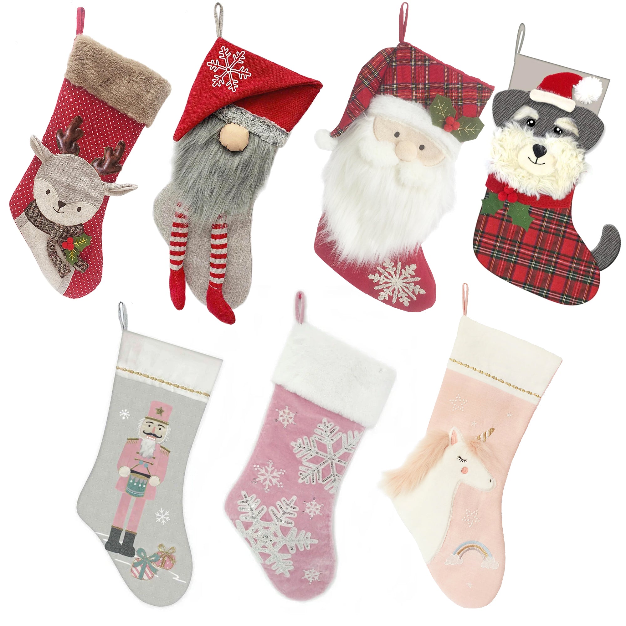 Seven festive holiday stockings featuring various designs, including Santa, a deer, and a unicorn.