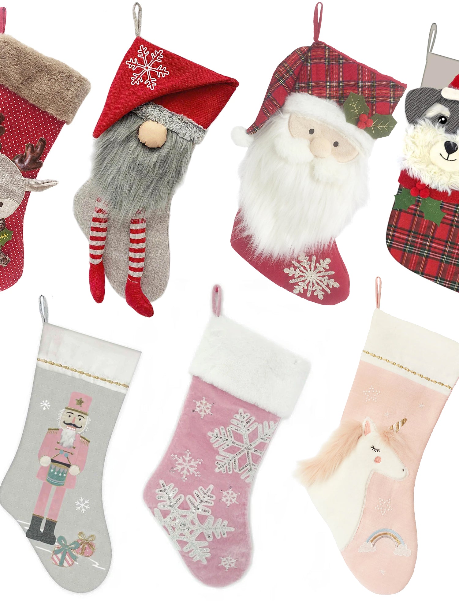 Colorful Christmas stockings featuring designs like deer, Santa, unicorns, and more, arranged in a festive display.
