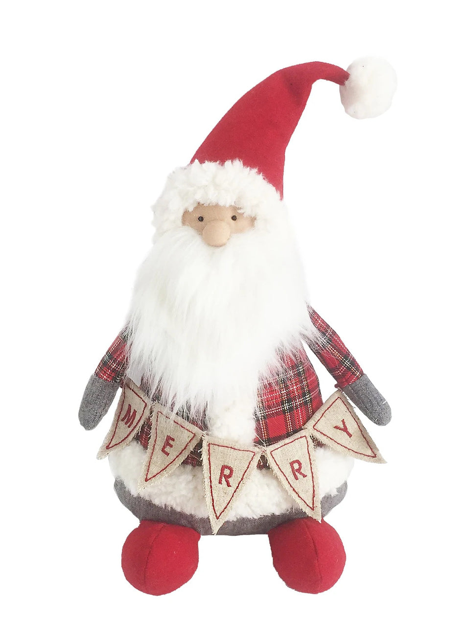 Festive plush Santa figure in red hat and plaid suit, holding a banner that says "Merry." Ideal for holiday decor.