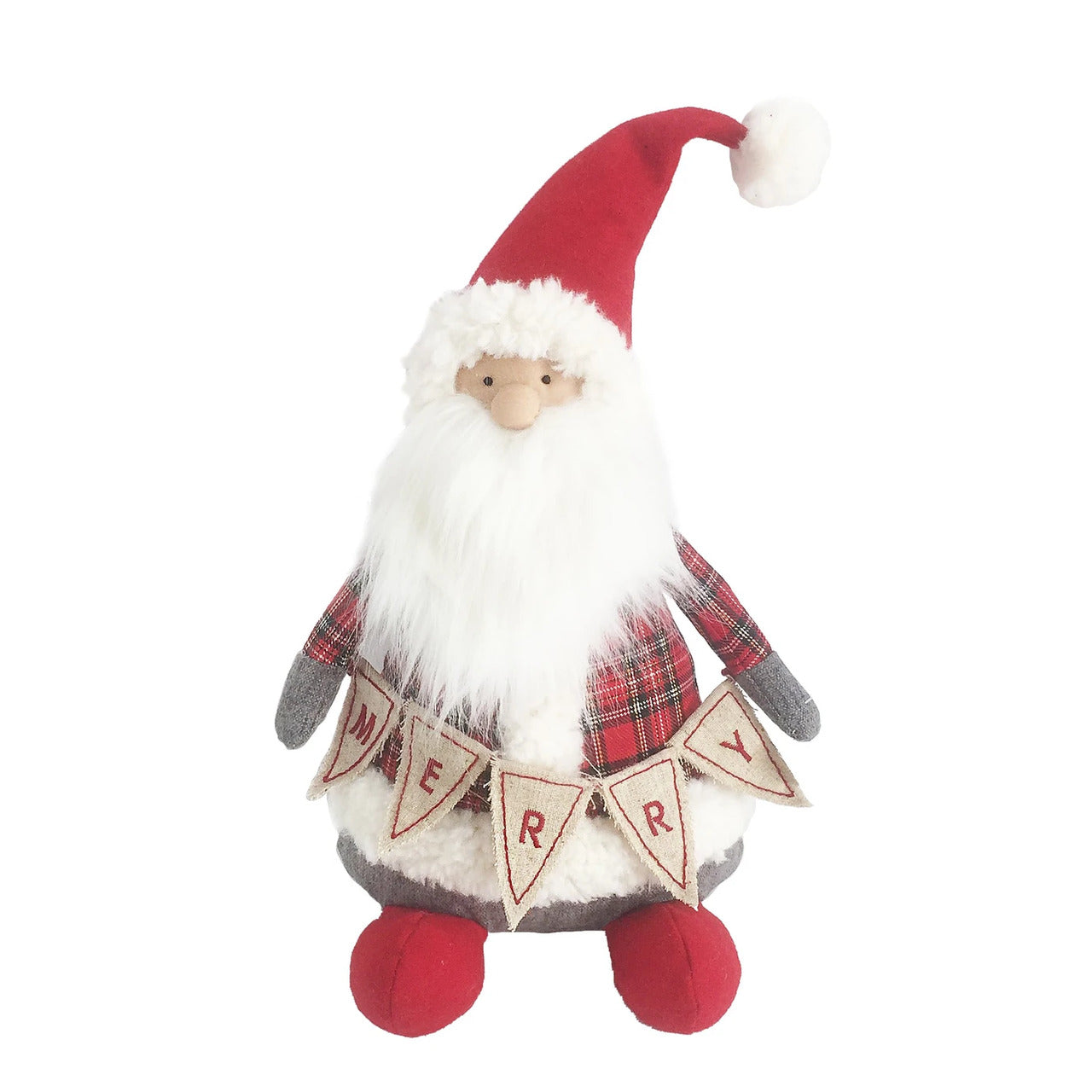 Festive plush Santa figure in red hat and plaid suit, holding a banner that says "Merry." Ideal for holiday decor.