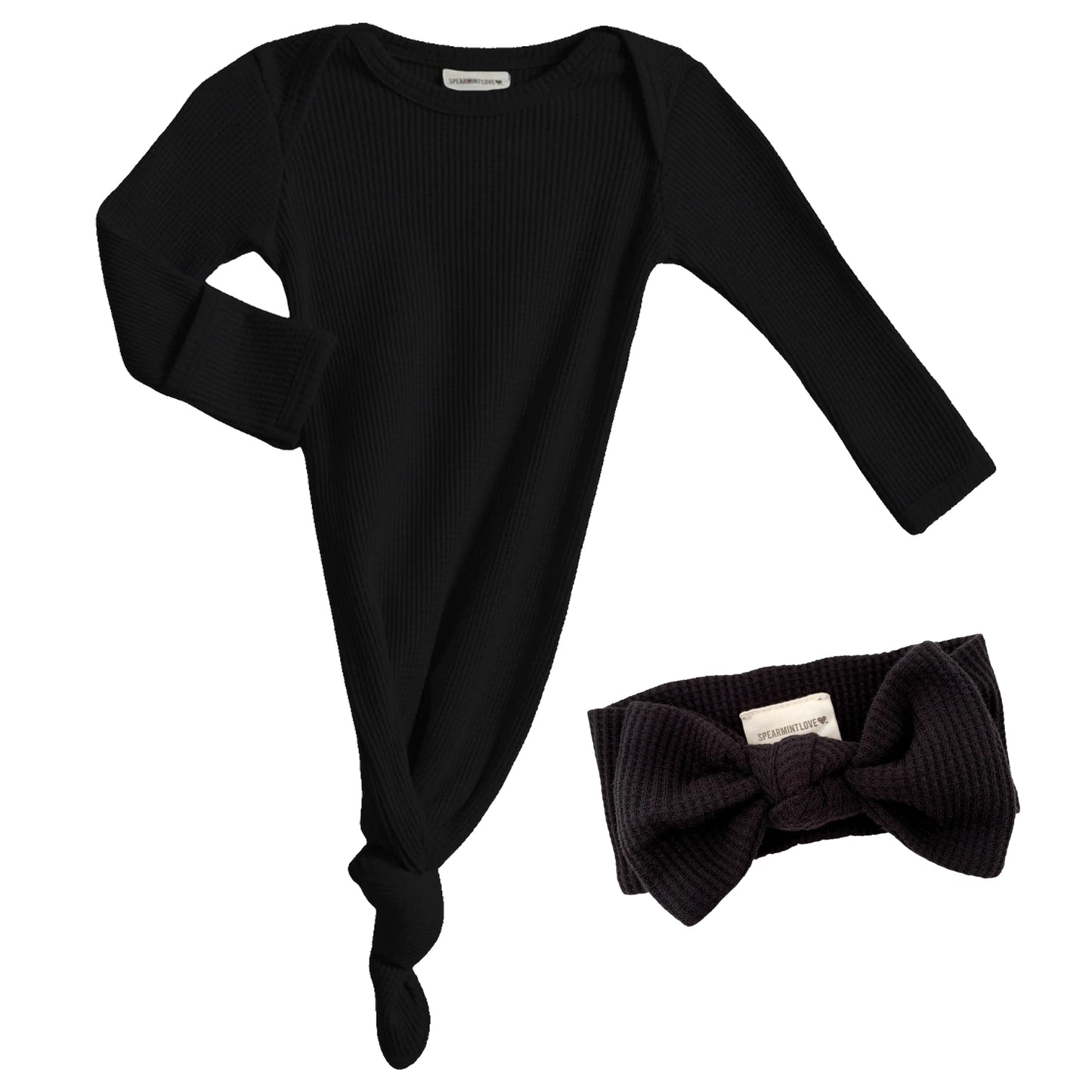 Organic Waffle Knotted Gown & Bow Set, Black