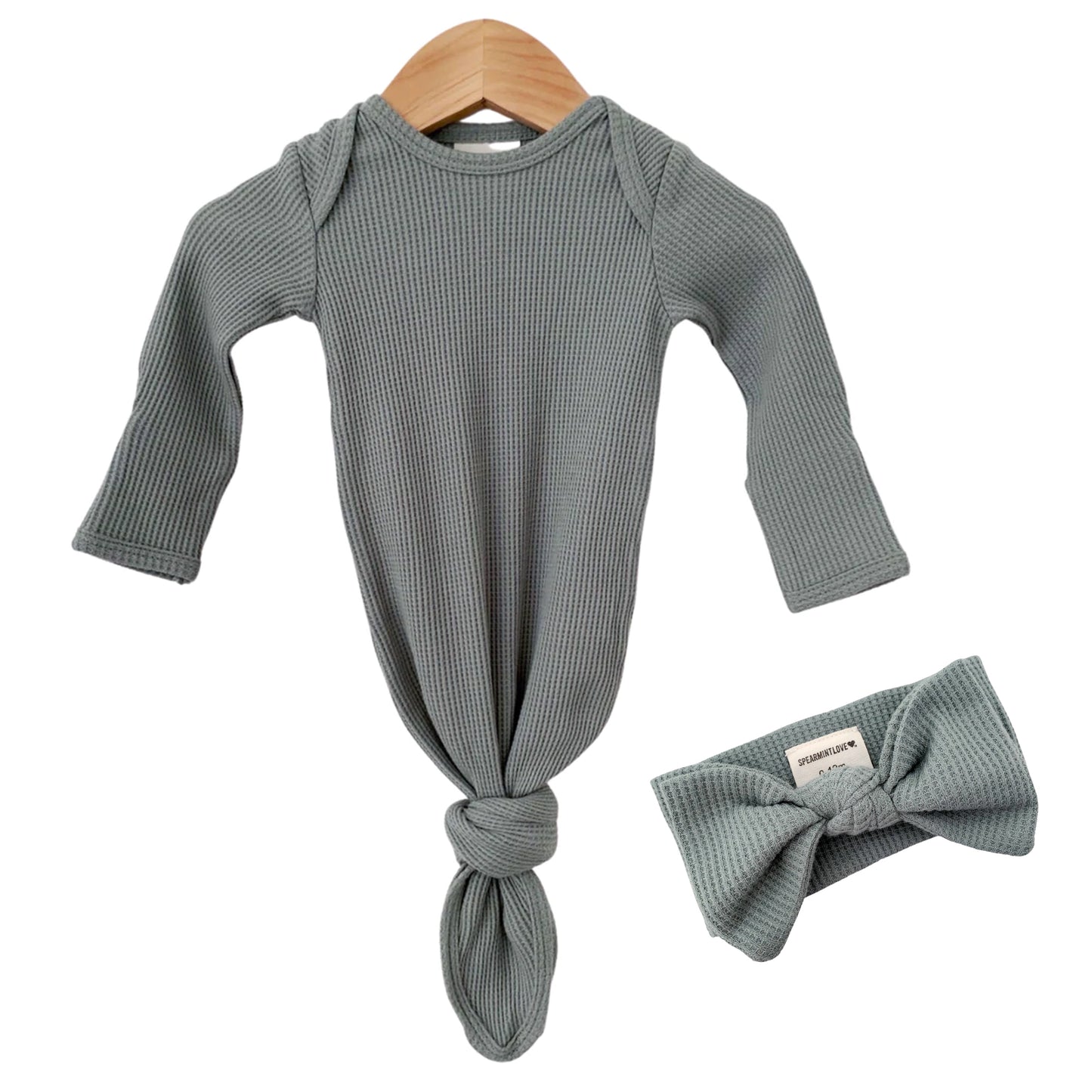 Organic Waffle Knotted Gown & Bow Set, Mountain Green