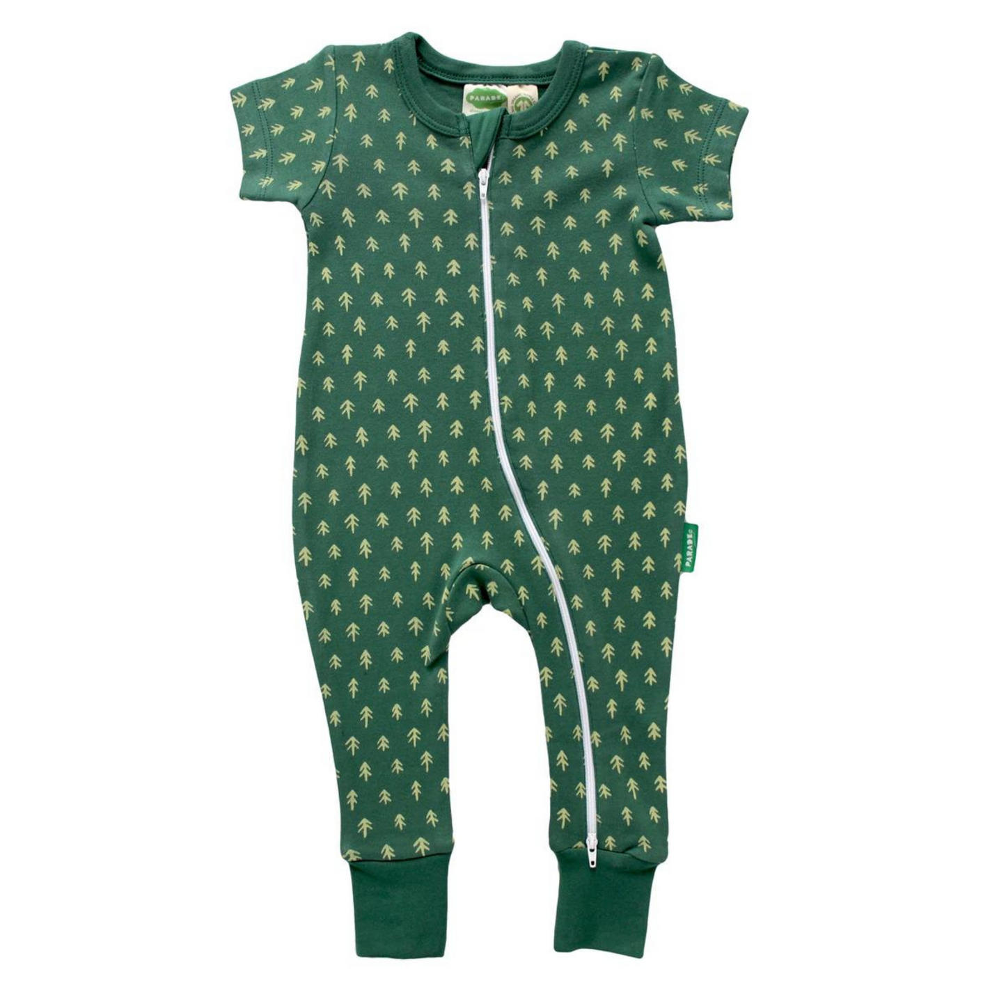 Organic Short Sleeve Zip Romper, Emerald Trees