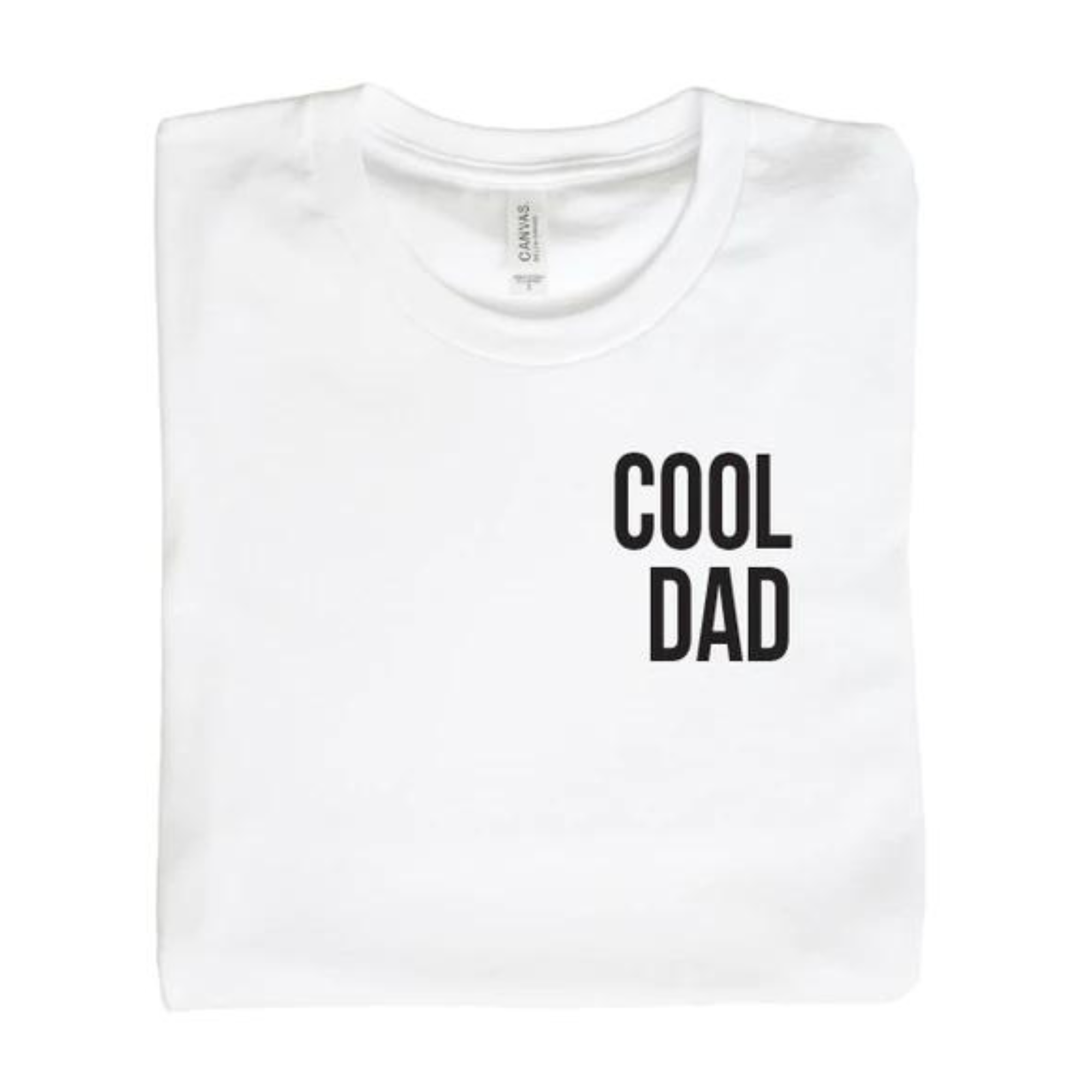 White t-shirt folded neatly with "COOL DAD" printed in bold black letters on the front.