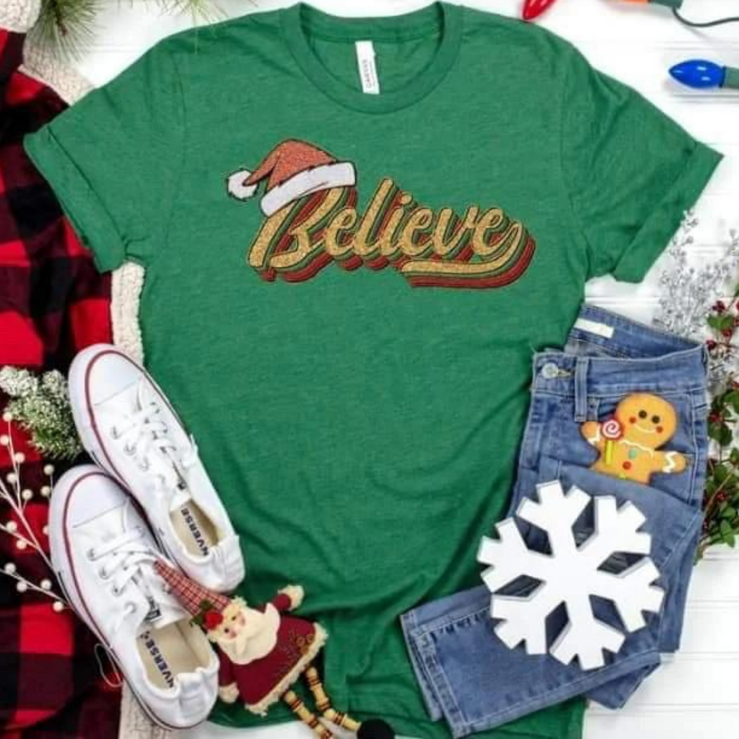 Believe Santa Hat Graphic Tee, Heather Grass