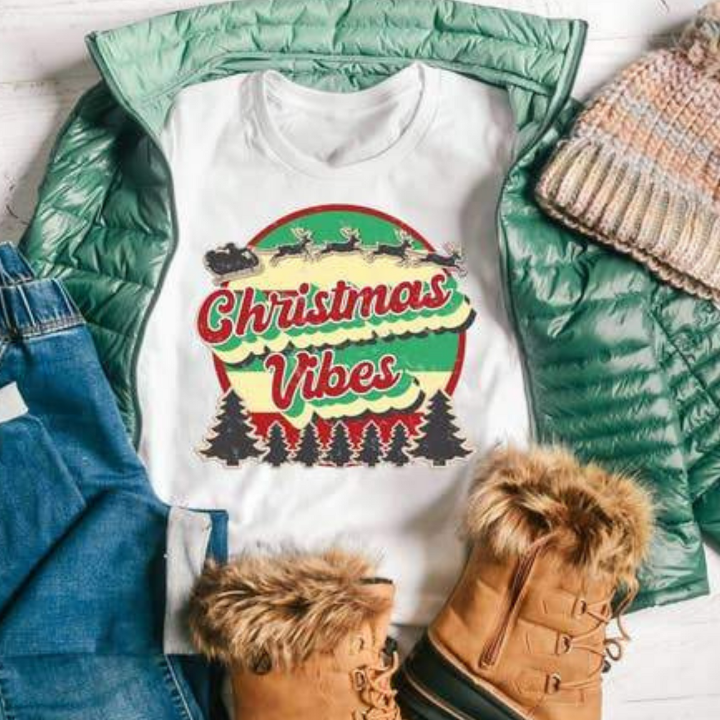 Vintage Christmas Vibes Graphic Tee, White