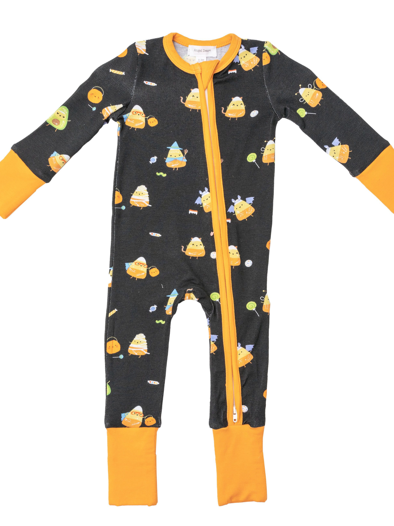 Black onesie with orange accents, featuring playful candy designs for children.