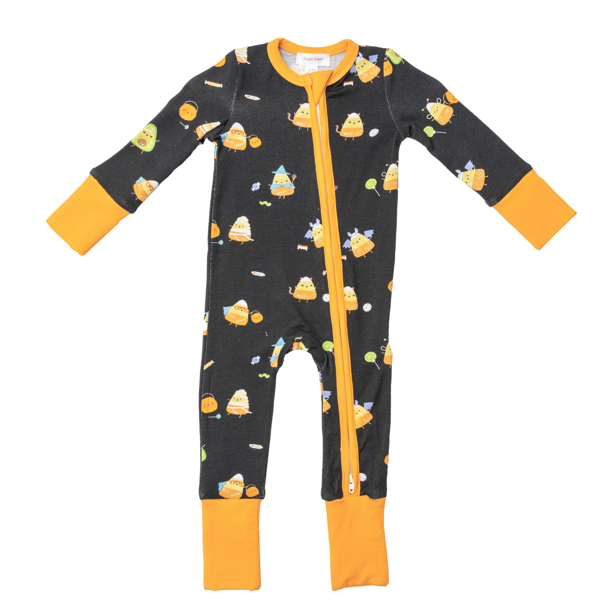 Black onesie with orange accents, featuring playful candy designs for children.