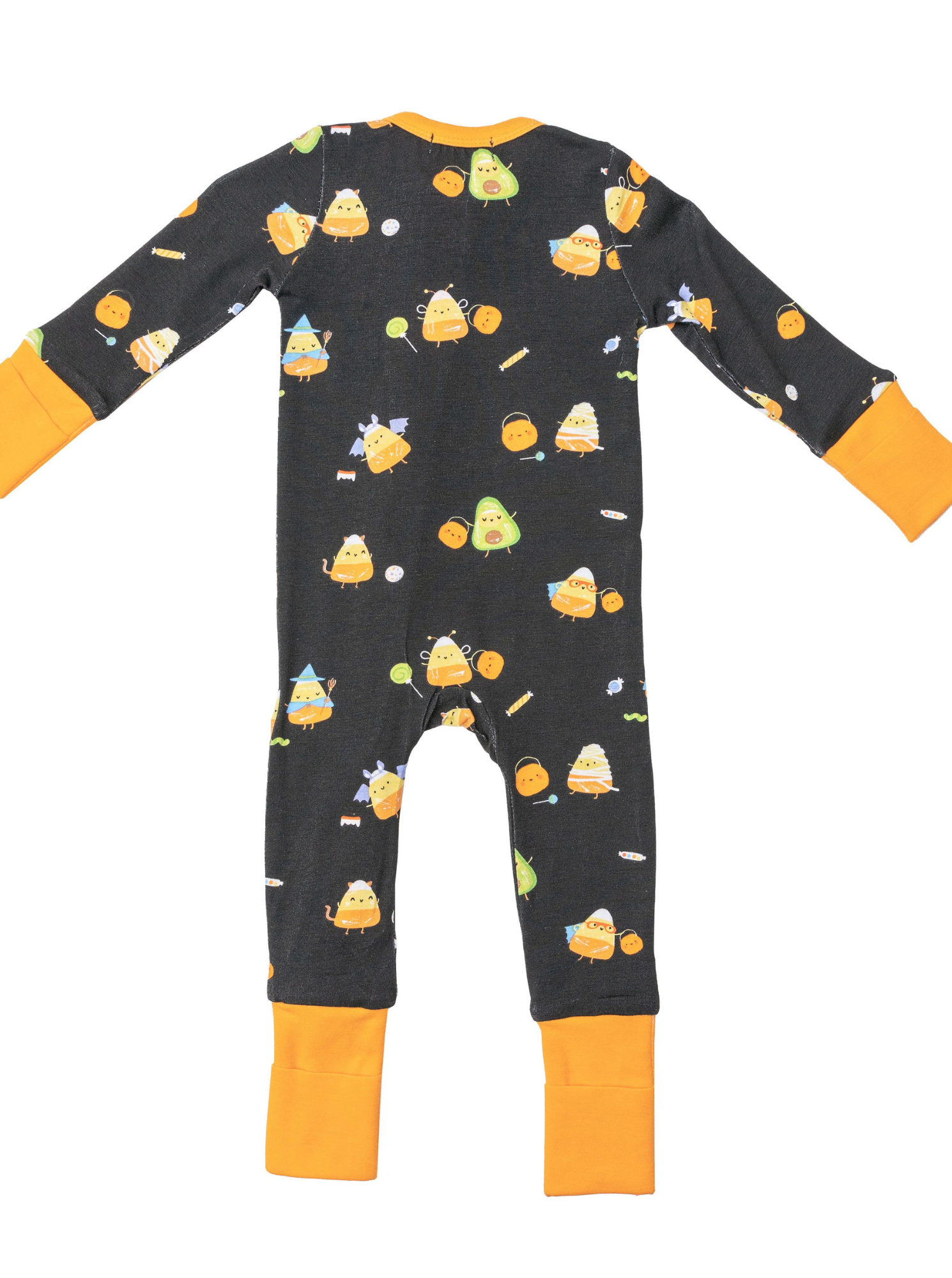 Gray baby onesie with colorful cartoon characters and orange cuffs, shown from the back.