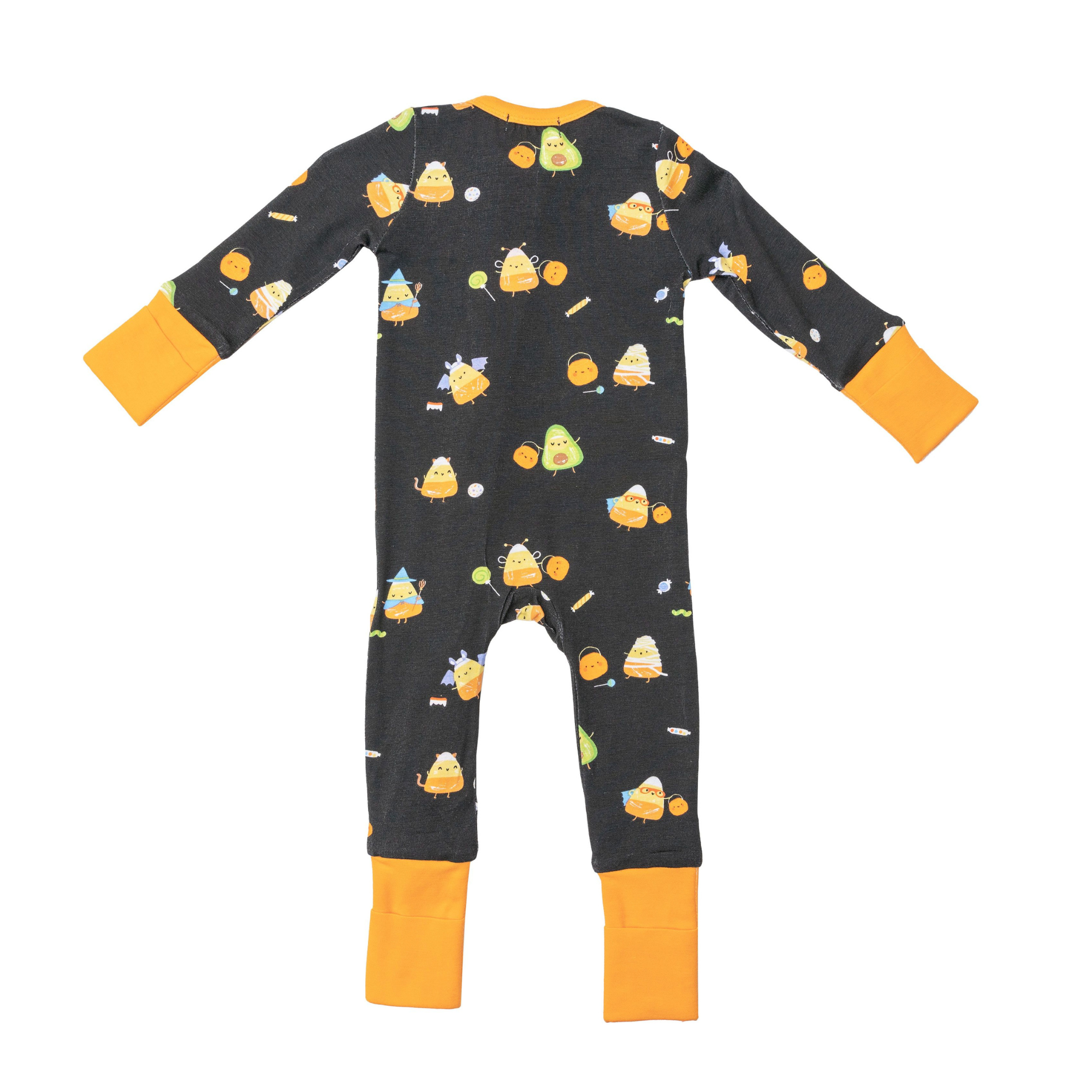 Gray baby onesie with colorful cartoon characters and orange cuffs, shown from the back.